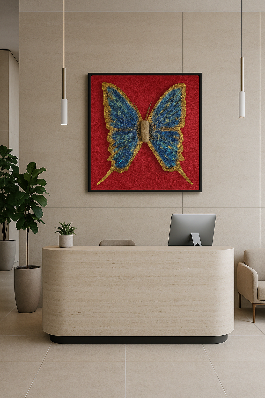3D Kunstwerk Amara von Claudia Graf, 80x90cm, Rot, Gold, Blattgold-Akzente, Pailletten Hintergrund.