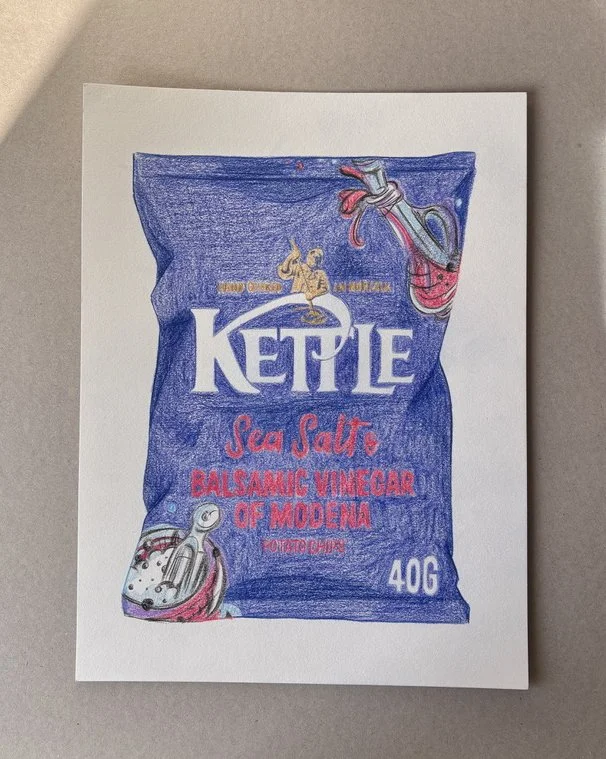 Drawing of a bag of kettle sea salt with illustrations of a kettle and salt shakers on the package.