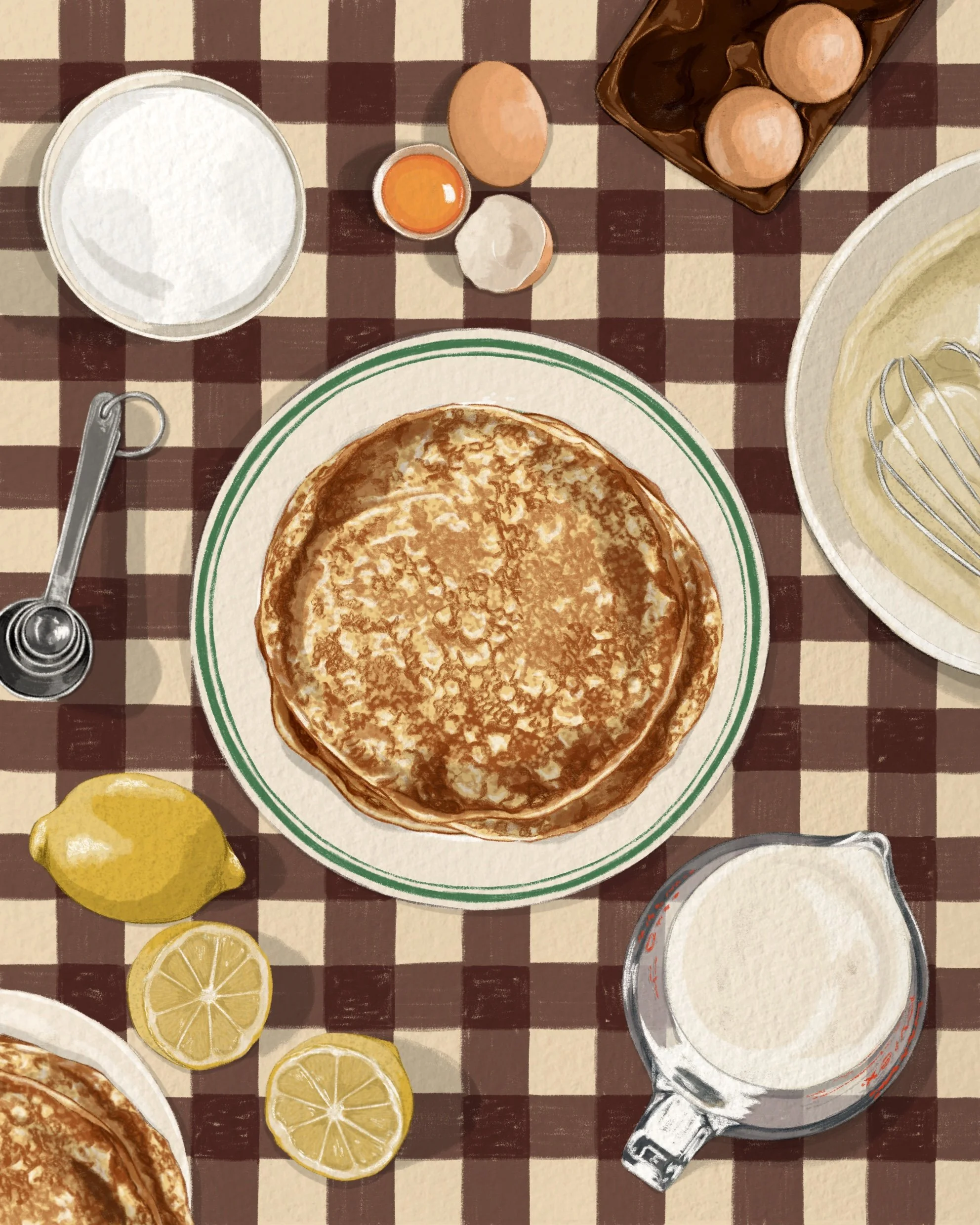 Illustrated tablescape of ingredients making up a recipe for pancakes. Designed for editorial purposes for pancake day.