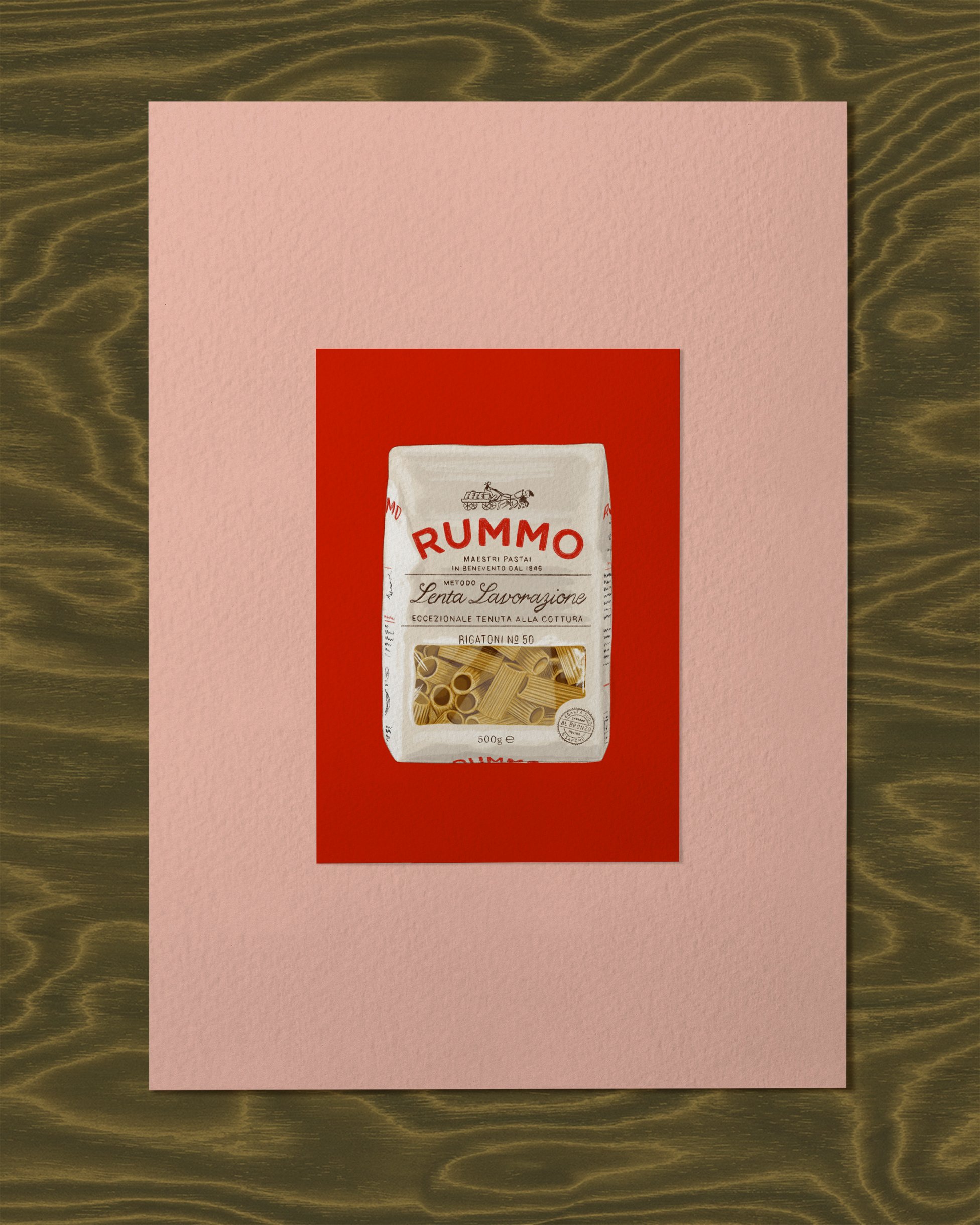 Illustrated A6 Print of a packet of rummo rigatoni mounted on a pink background.