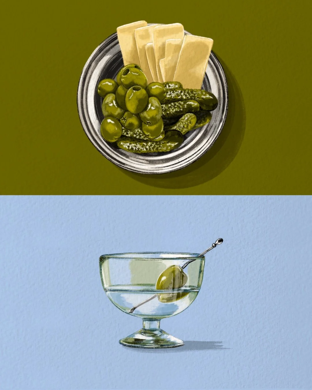 Illustration of a split page of some cocktail olives, cheese and cornichons on an olive background and a dirty Martini in a glass with an olive on a light blue background.