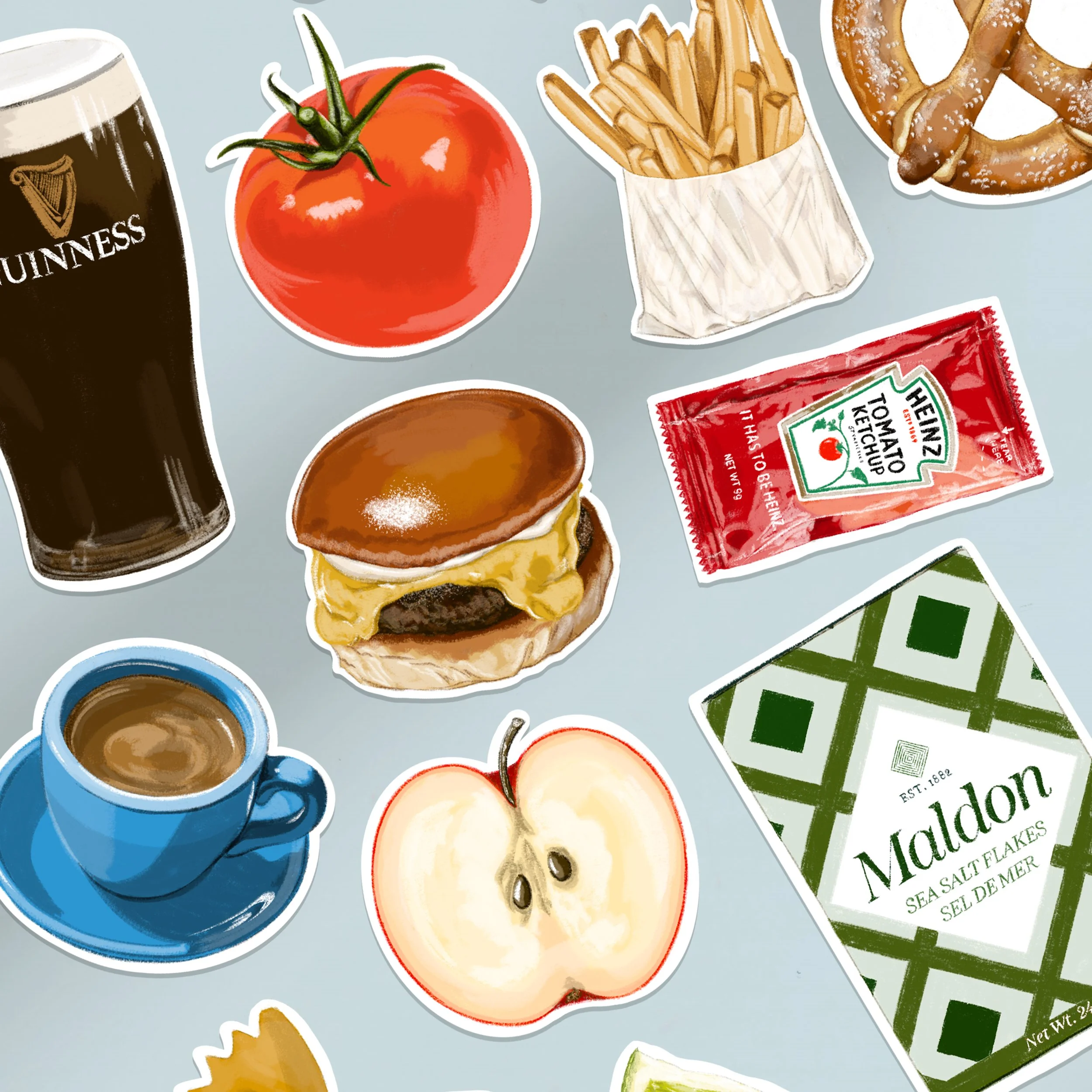 Illustration of various food and drink items including a pint of Guinness, a tomato, a paper container of French fries, a pretzel, a bottle of tomato ketchup, a cup of coffee, and an apple.