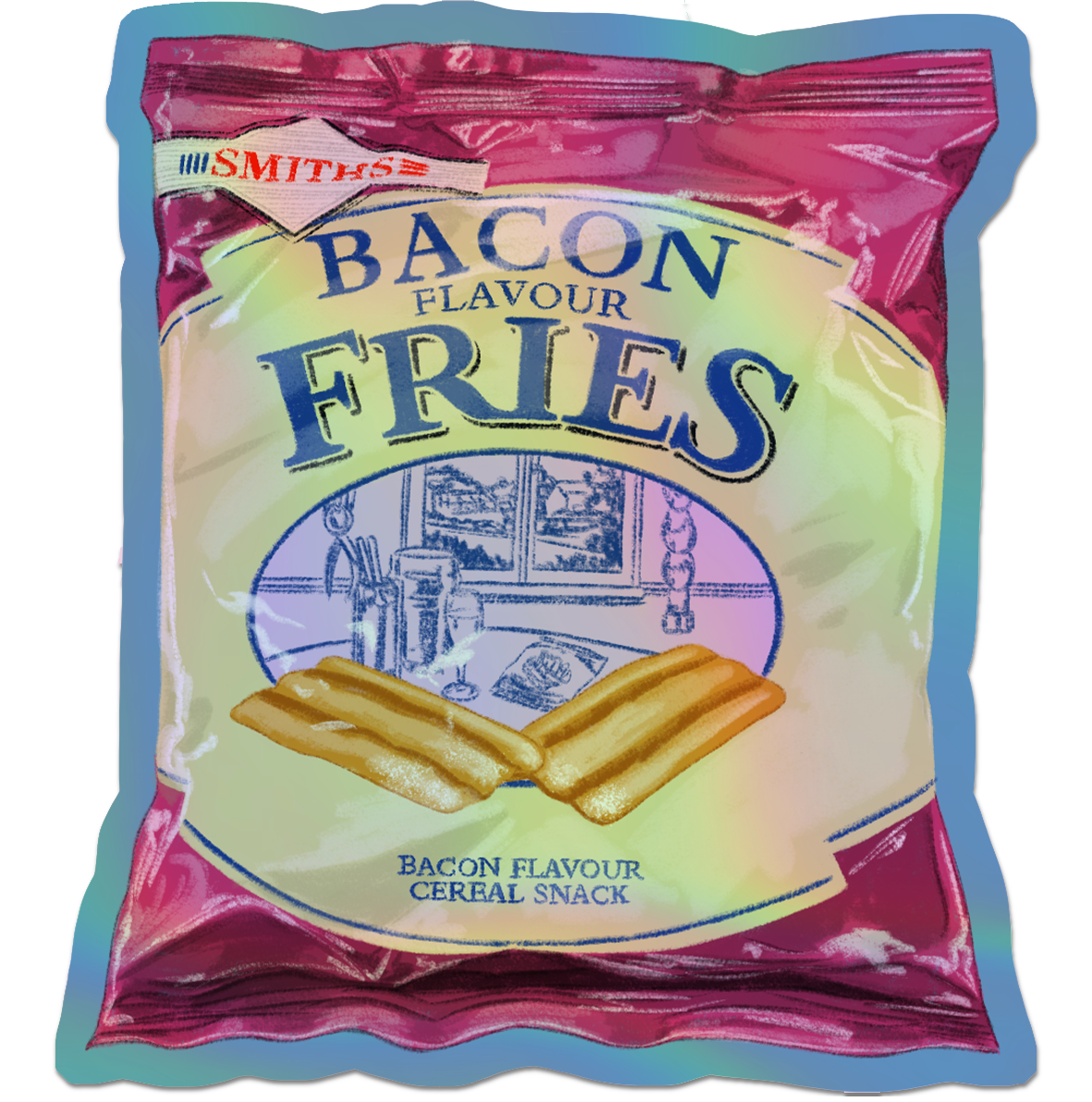 Illustrated Bacon Fries Holographic die cut sticker.
