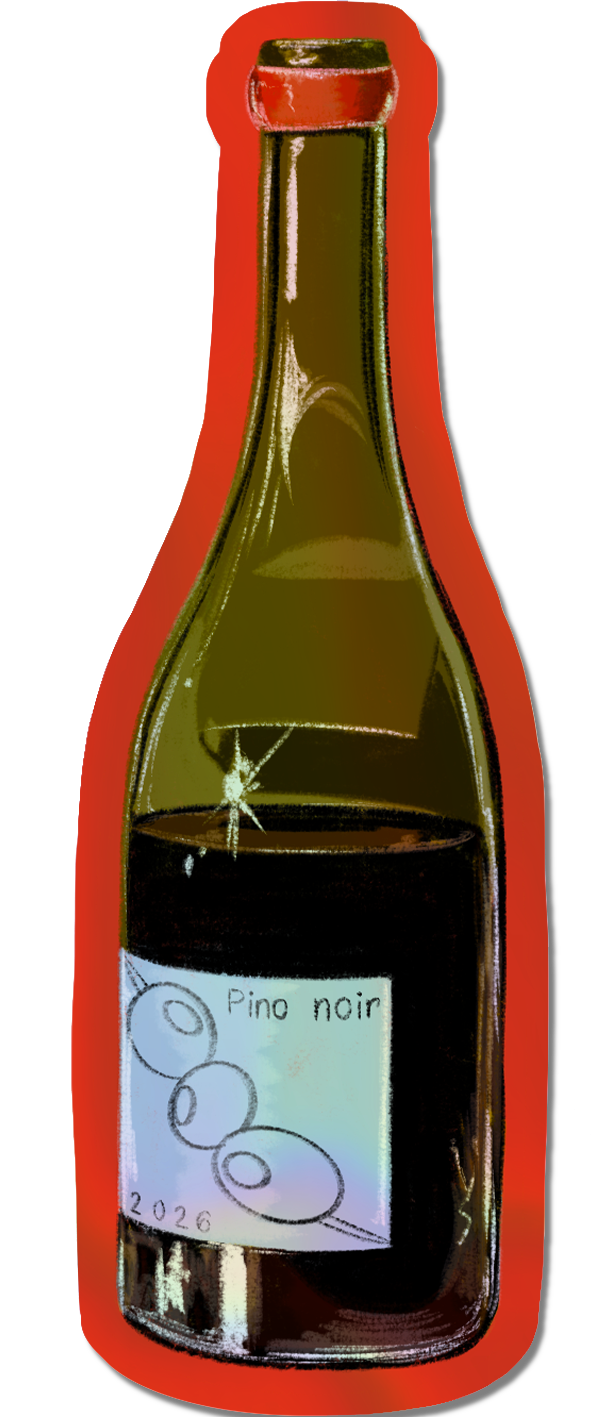Illustrated bottle of Pino Noir Holographic die cut sticker.