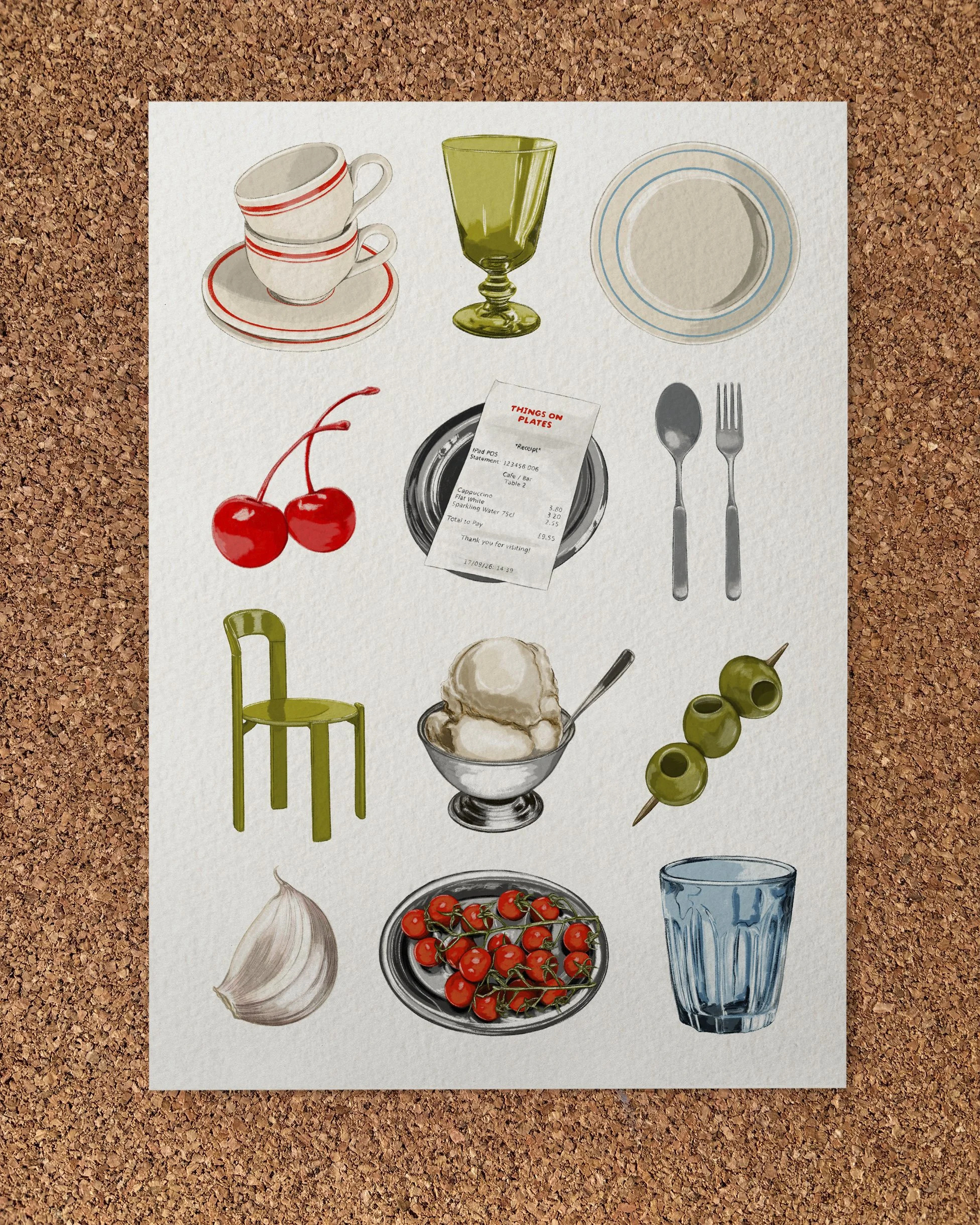 Illustrated Art Print of a green rey chair, stack of cups, green glass, plate, cocktail olives, tomatoes on a platter, ice cream in a stainless steel bowl, a receipt, some cutlery, glacier cherries, blu