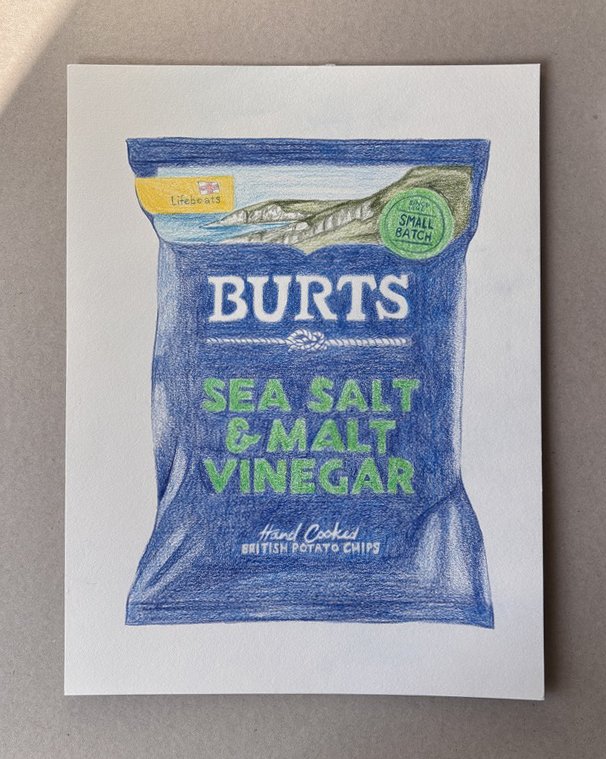 A hand-drawn illustration of a bag of Burts Sea Salt & Malt Vinegar potato chips with labels indicating it's small batch and handmade.