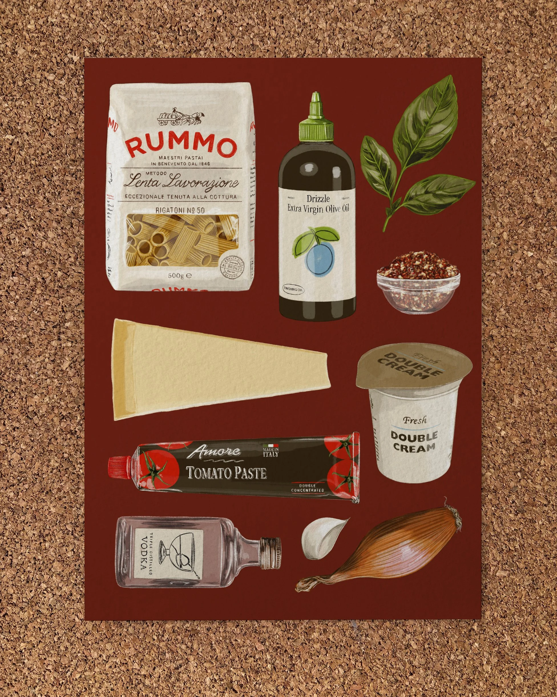 Illustrated Art Print of the ingredients for Vodka Pasta including a pack of pasta, olive oil, basil, parmesan, Double cream, chilli flakes, tomato paste, vodka and a shallot on a dark red background.