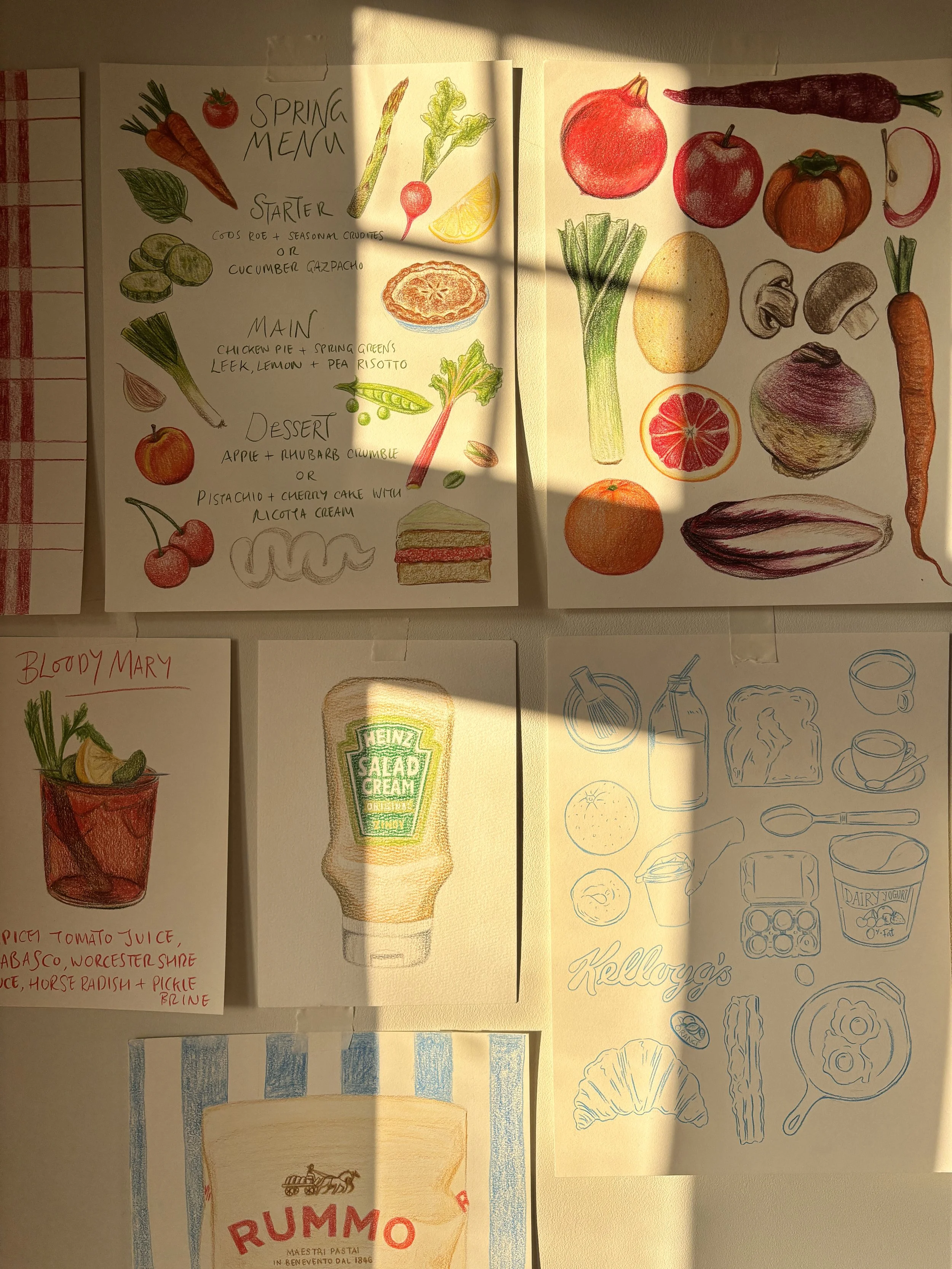 Hand-drawn illustrated spring menu featuring various fruits and vegetables, a bottled salad dressing, and a recipe for tomato juice with basil, worcestershire sauce, and radish.
