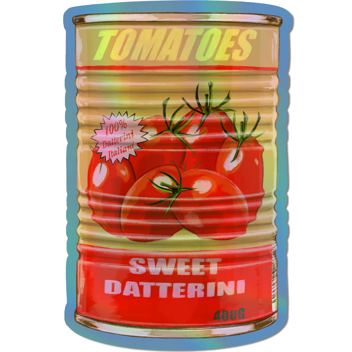 Illustrated Tinned Tomatoes Holographic die cut sticker.