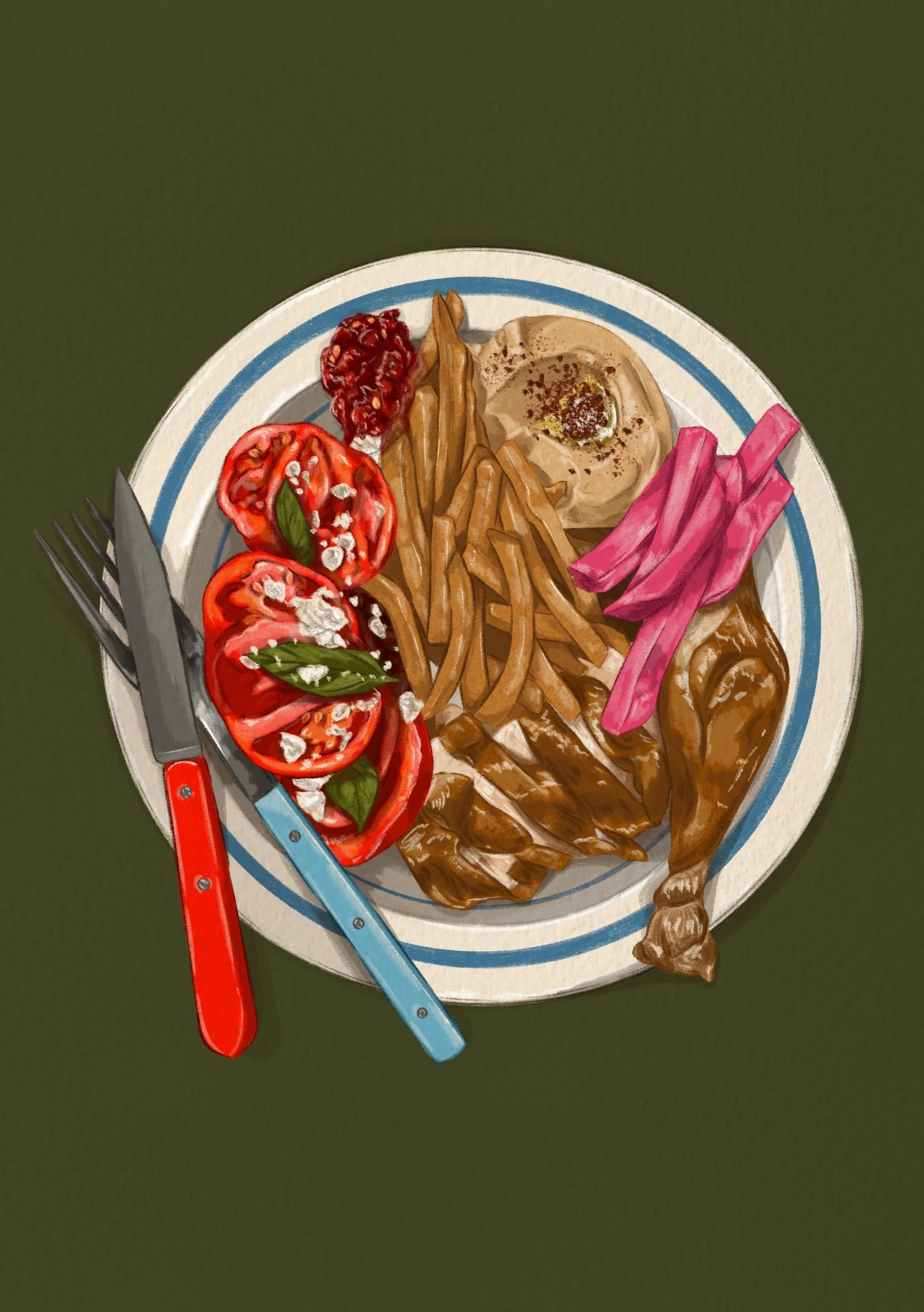 Illustration of rotisserie chicken, chips, sliced tomatoes, pink pickled vegetables, set on a green table with a fork and a knife.