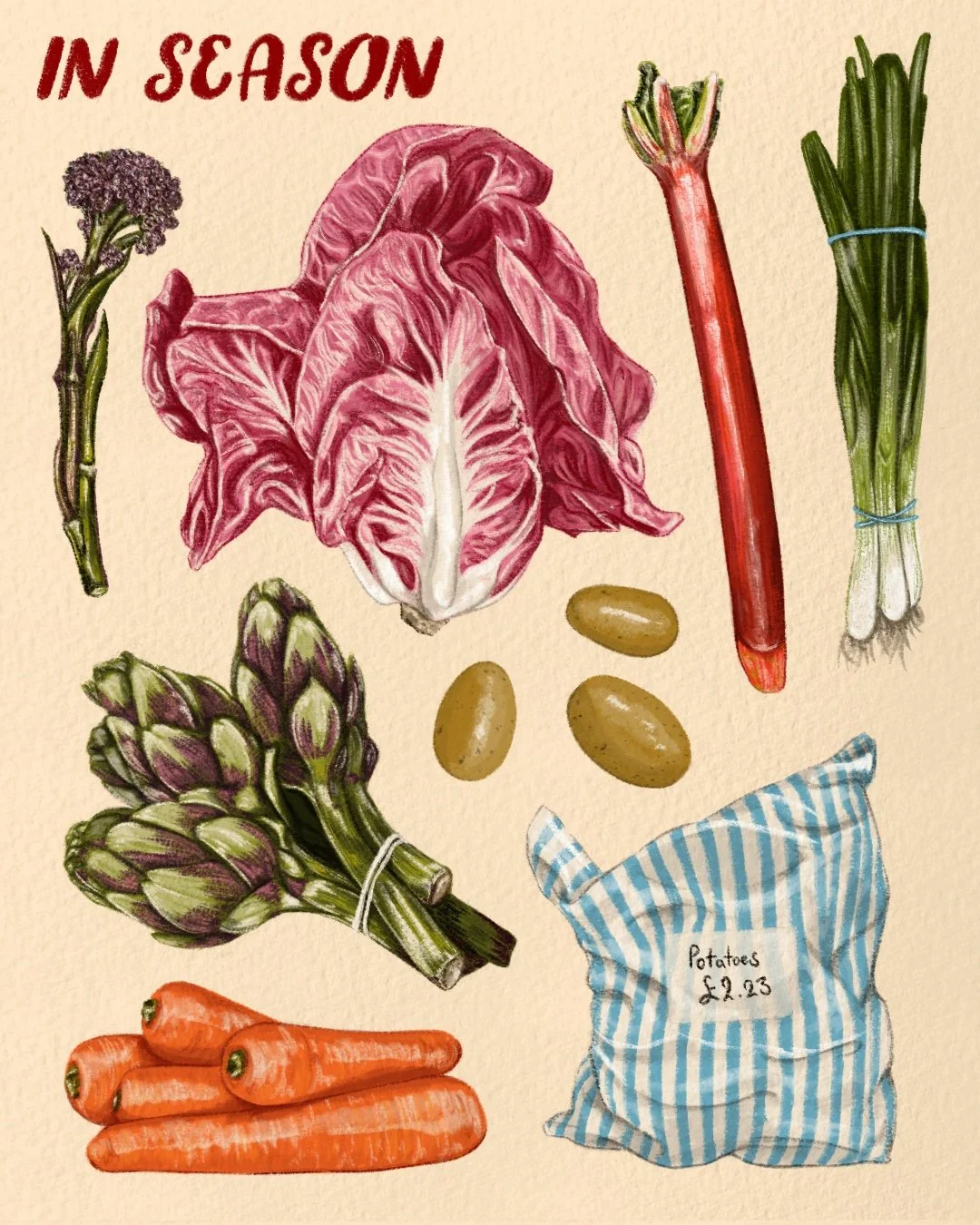 Illustration of seasonal vegetables including purple broccoli, red head of lettuce, green scallions, three potatoes, a bundle of asparagus, a bunch of carrots, and a bag of potatoes with a price label of £2.23. Text reads "In Season."