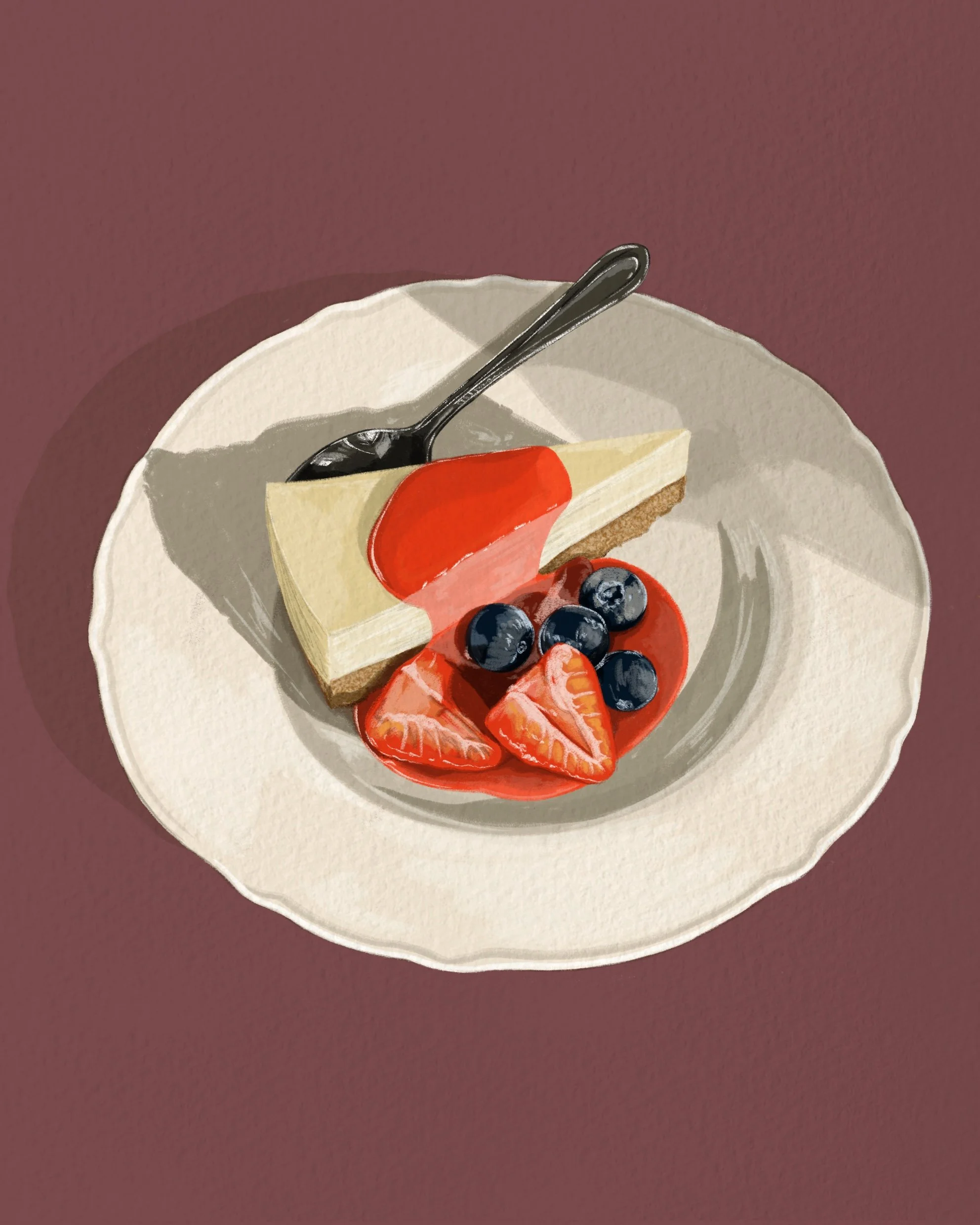 Illustration of a slice of cheesecake topped with berries and a red berry sauce on a plate with a spoon resting on it, set on a white plate on a dark red surface.