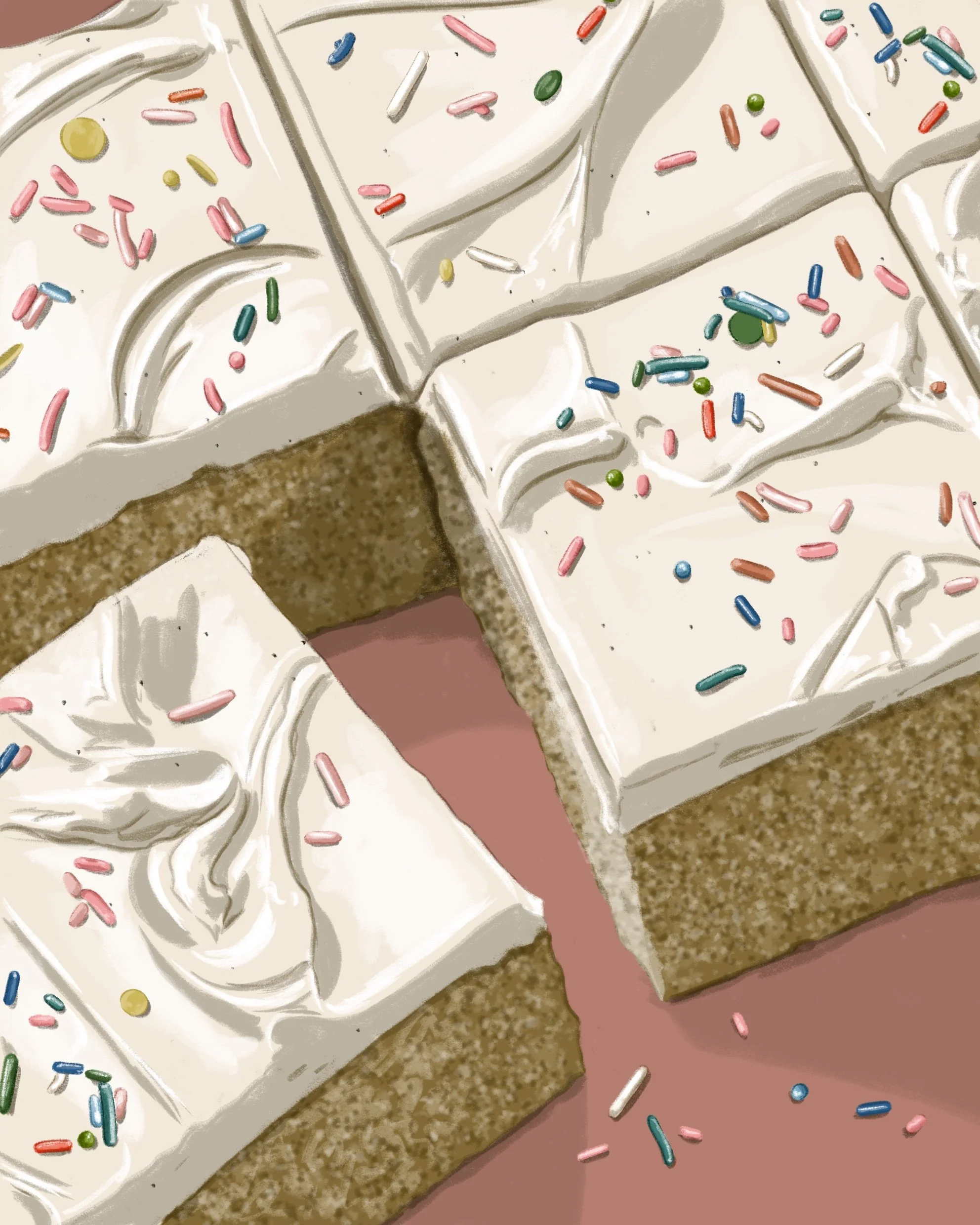 Illustration of sliced tray bake birthday sheet cake with frosting, colourful sprinkles on a pink background.