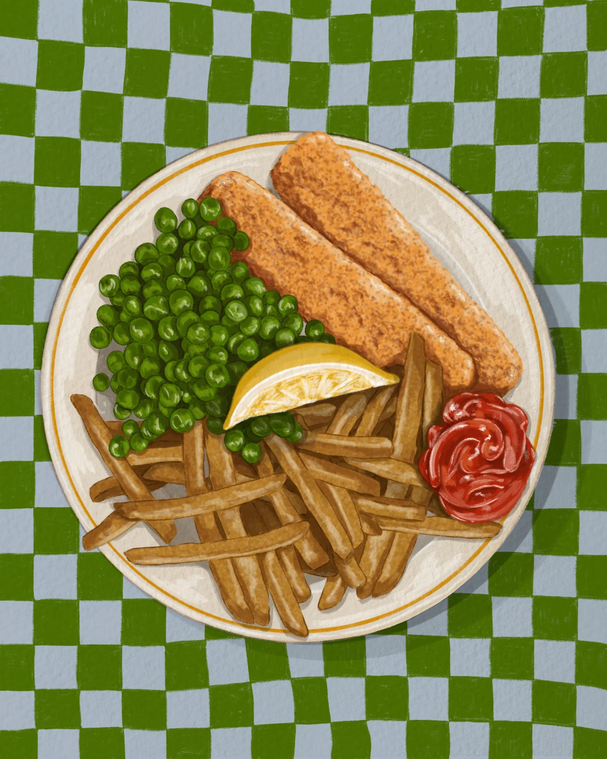 Illustration of a plate of fish fingers, peas, French fries, tomato sauce and a lemon wedge, set on a green and light blue checkered tablecloth.