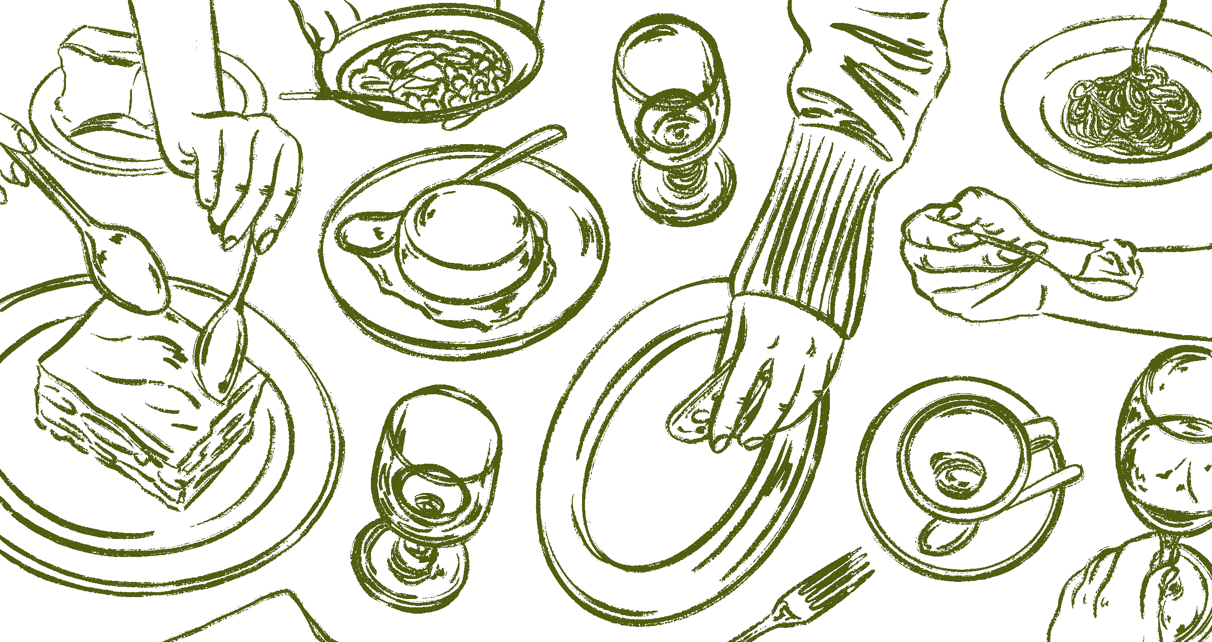 A line drawing of a dinner scene with various foods, drinks, and utensils on a table, seen from above.