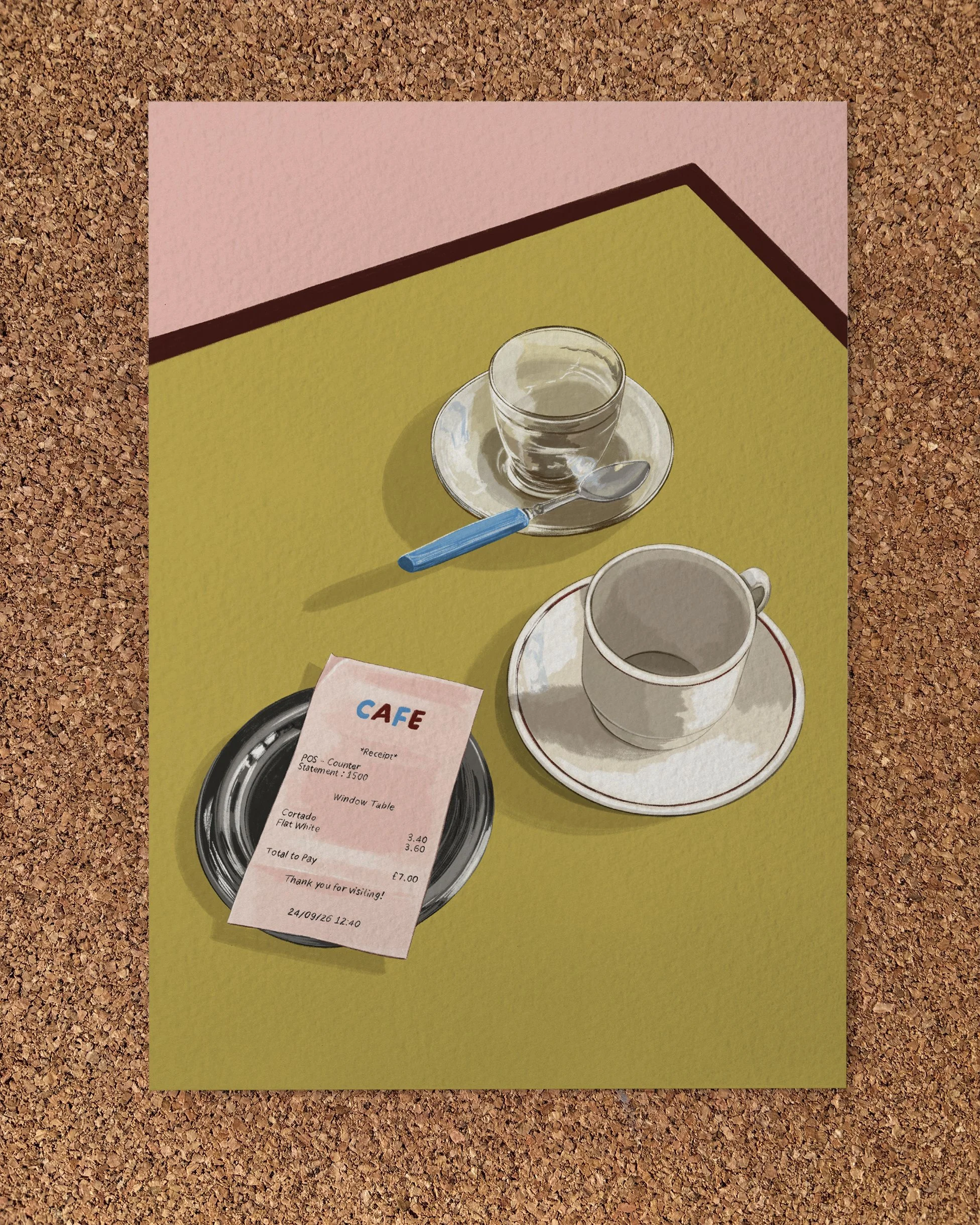 Illustrated Art Print of two empty coffee cups and a receipt on a yellow table with a pink background.