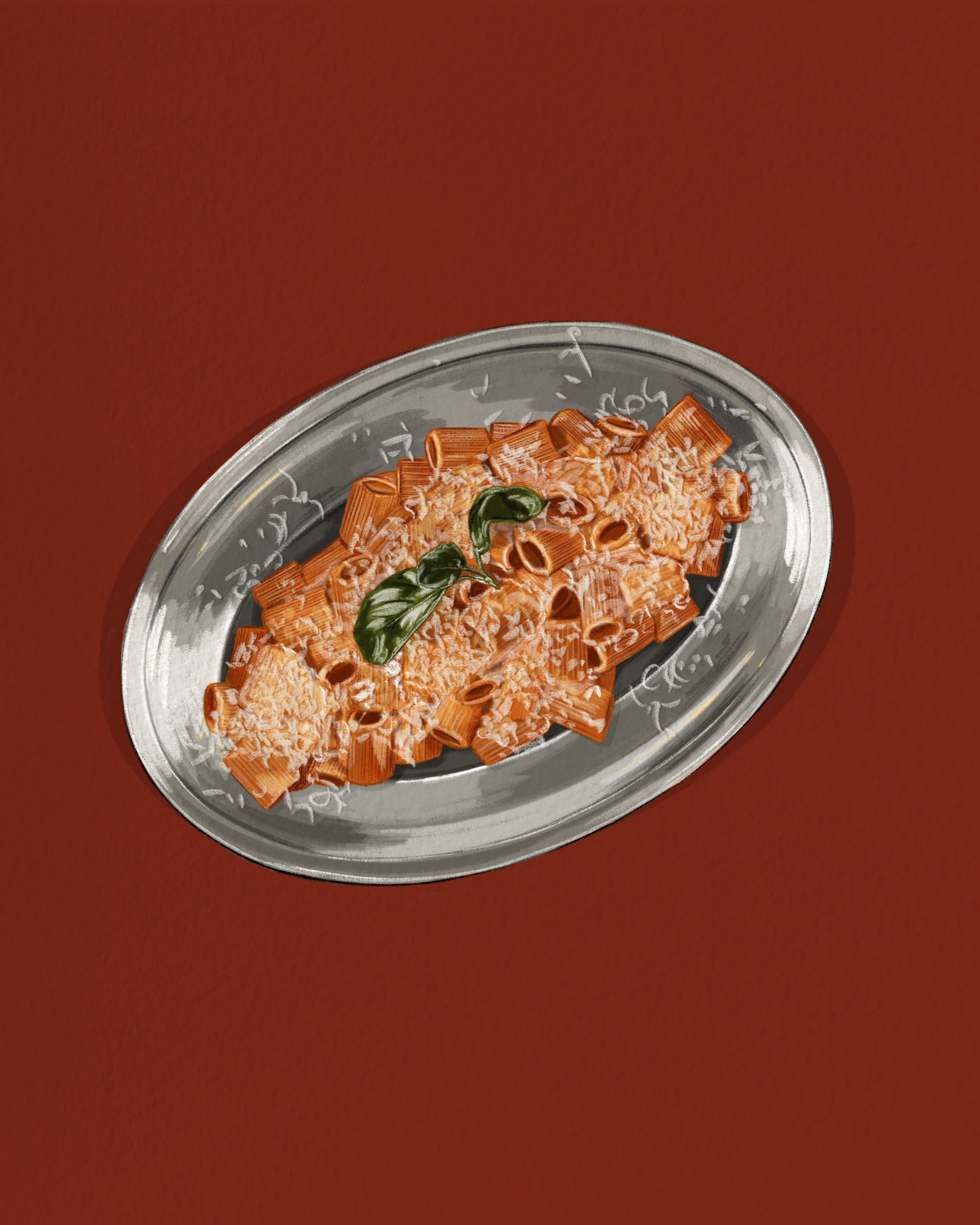 Illustration of a platter of pasta all vodka on a dark red burnt orange background.