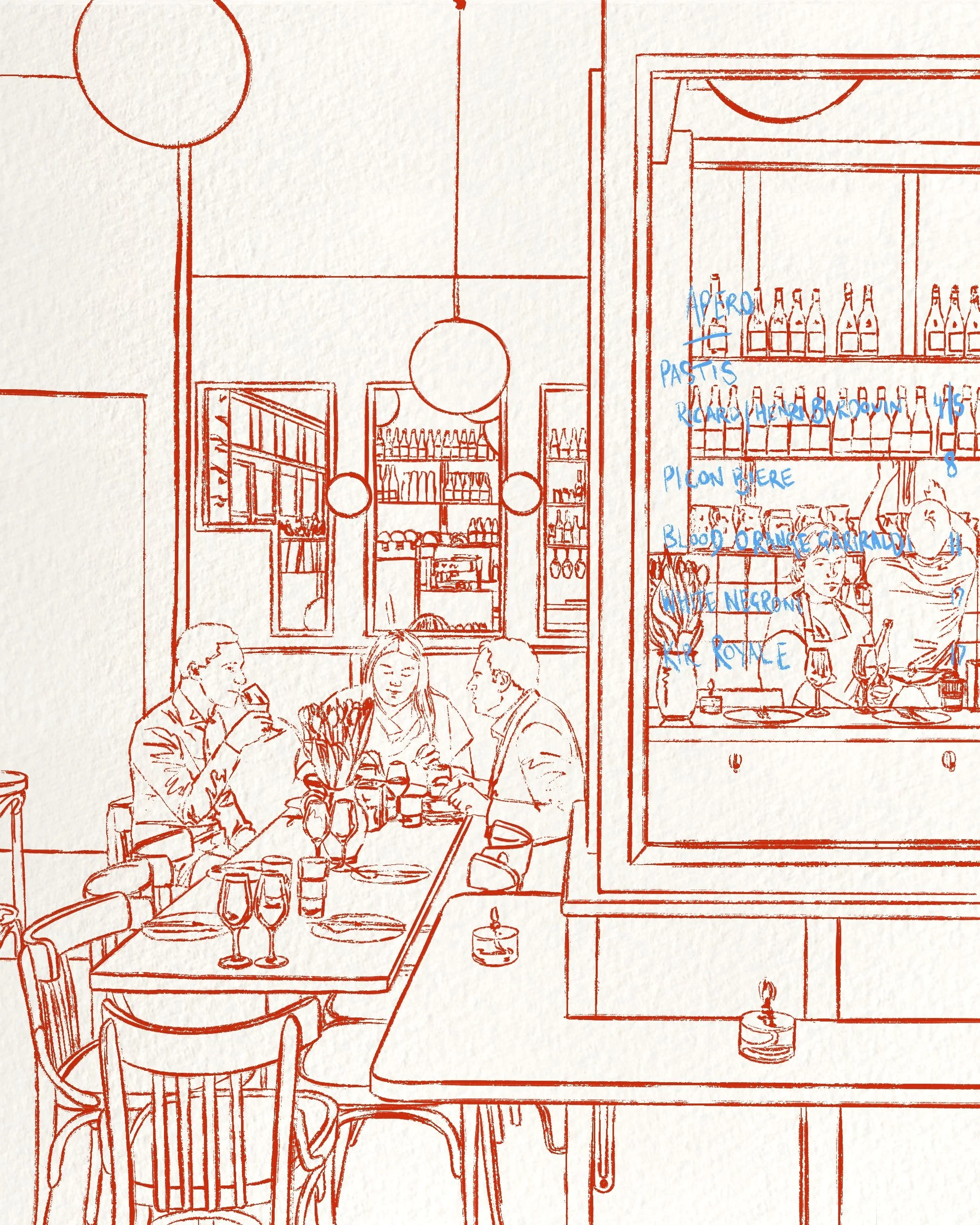 Illustration of a restaurant interior with people dining at tables, shelves with bottles, and handwritten notes on a mirror or window.