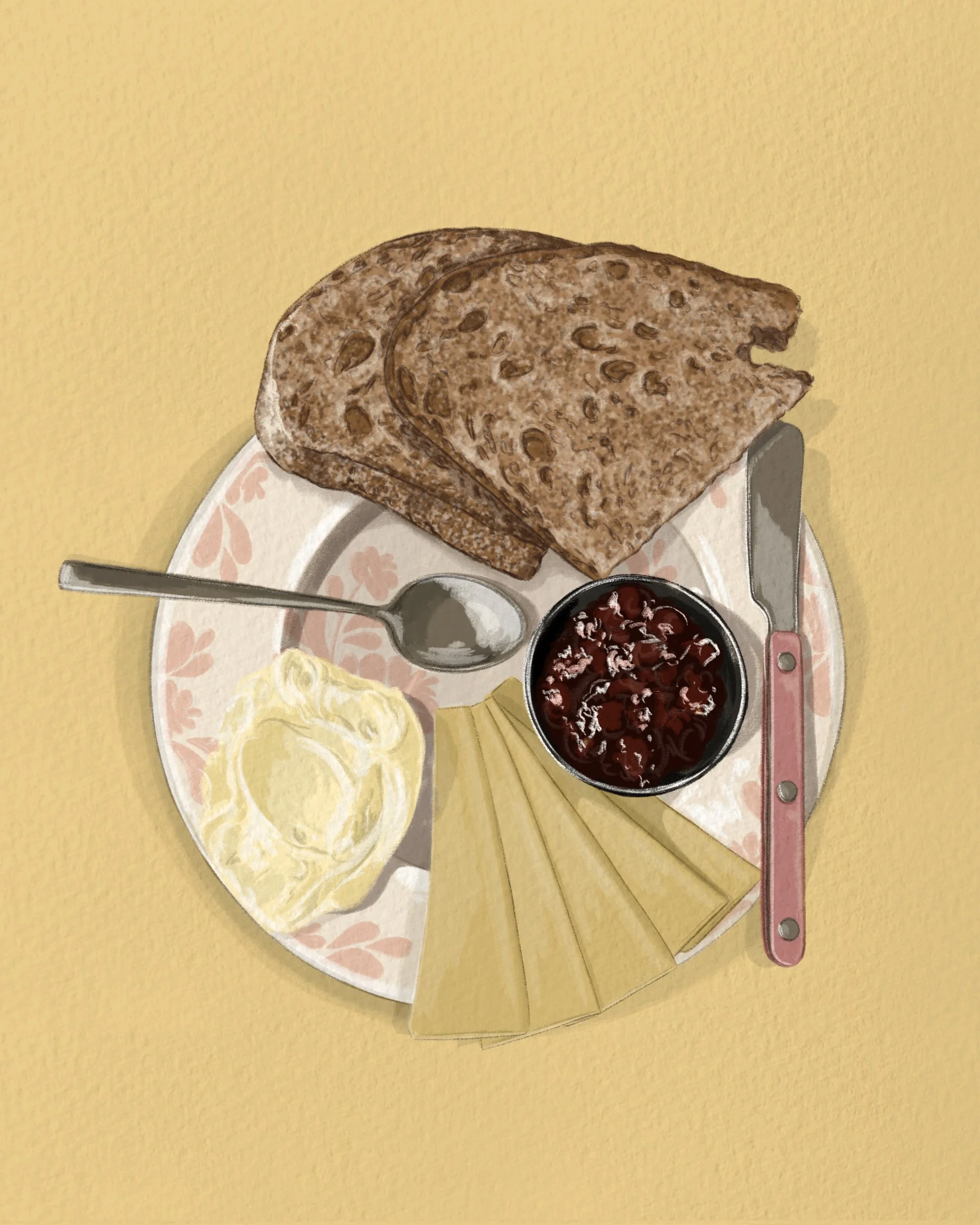 Illustrated snack plate of some sourdough bread, cheese, whipped butter and jam with a spoon and a knife on a pink and white floral plate on a yellow surface.