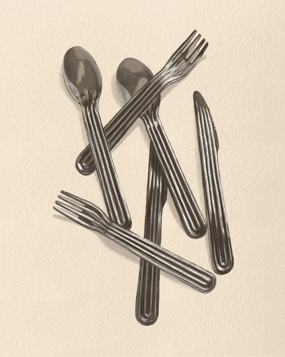 Illustration of Multiple stainless steel cutlery items on a cream background including spoons, forks, and a knife.