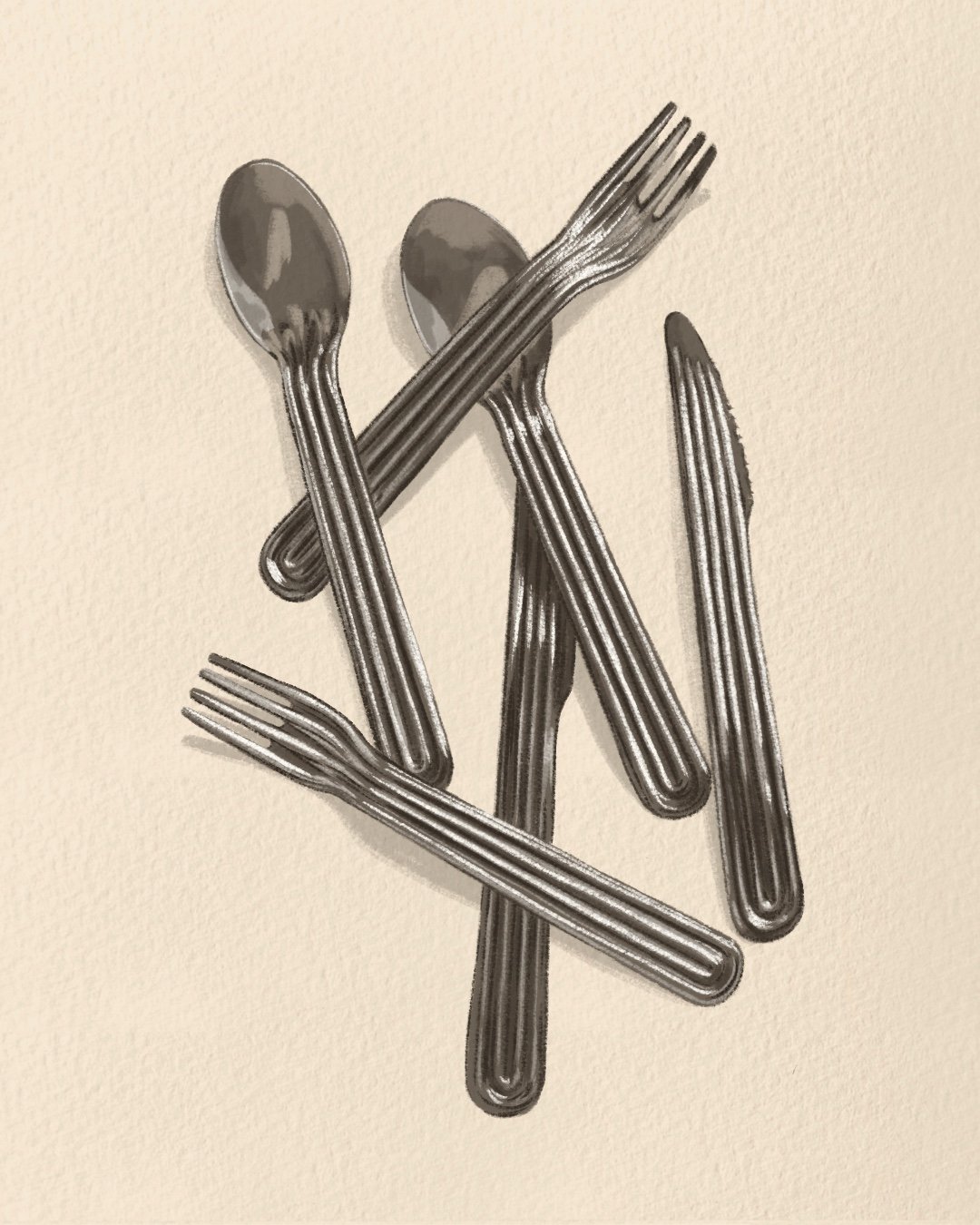 Illustration of Multiple stainless steel cutlery items on a cream background including spoons, forks, and a knife.