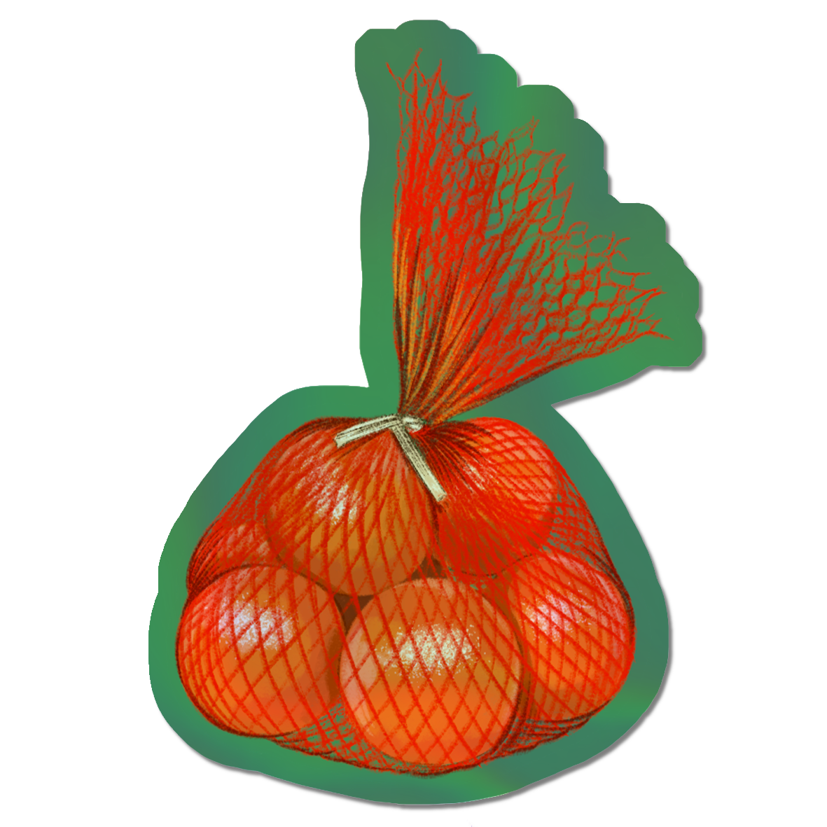 Illustrated bag of oranges Holographic die cut sticker.