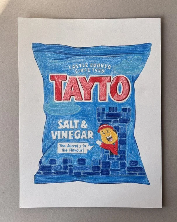 Colorful hand-drawn illustration of a bag of TAYTO Salt & Vinegar crisps with a cartoon character smiling and waving.