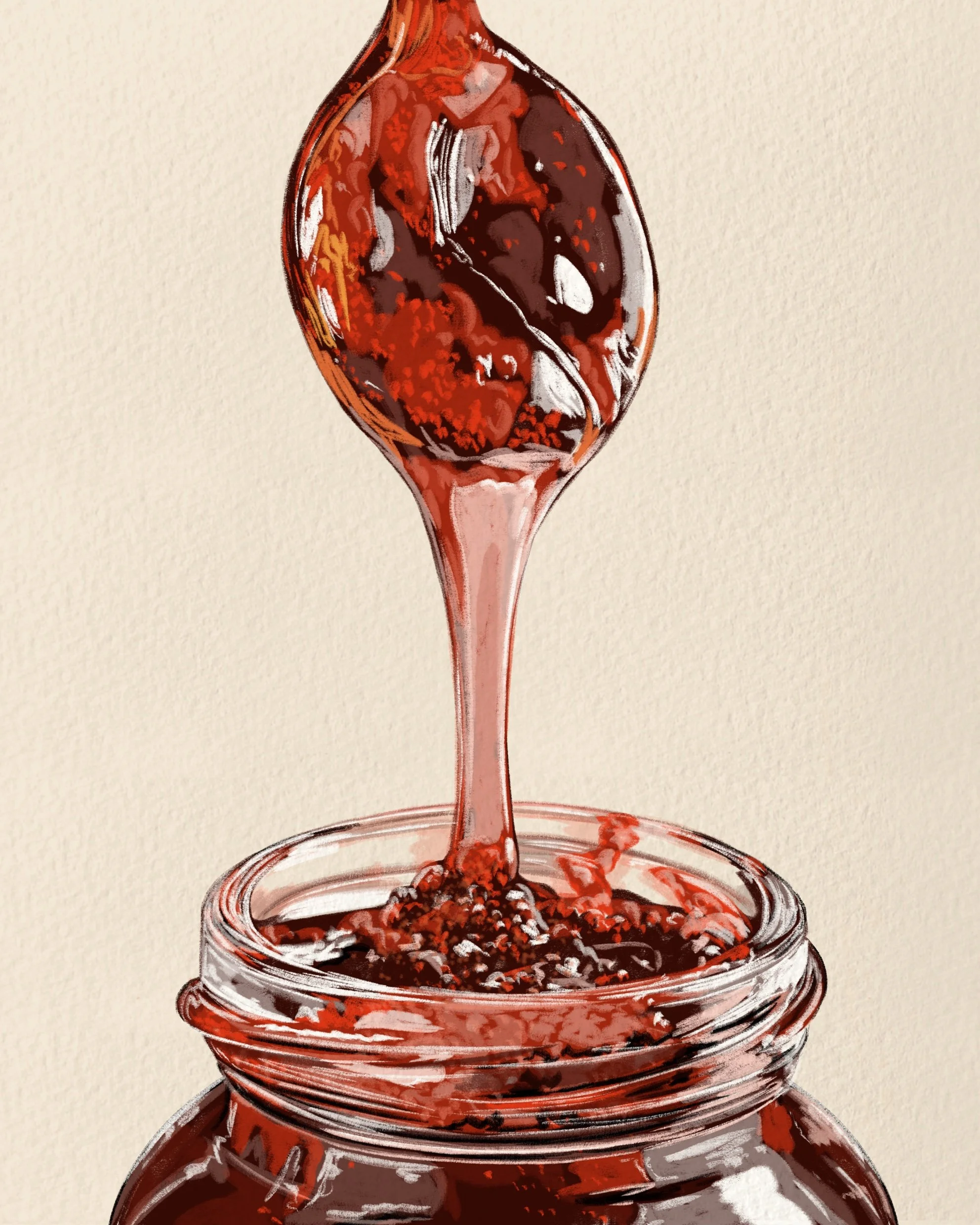 Illustration of Jam being scooped out of a glass jar, with a spoon.