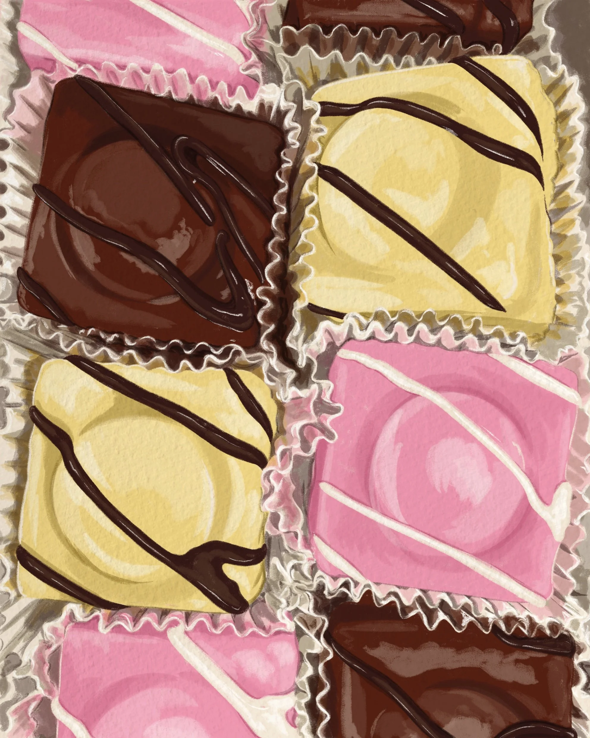 Close-up of assorted Mr Kipling French Fancies in paper liners.