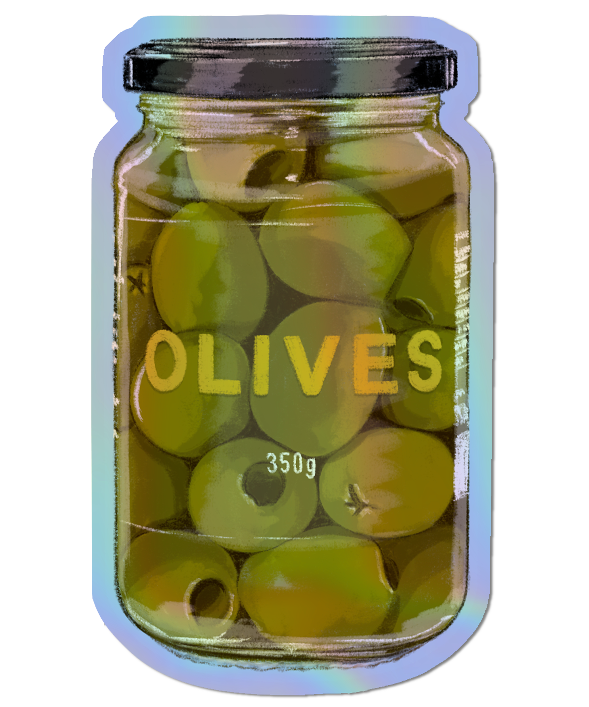 Illustrated Jar of Olives Holographic die cut sticker.