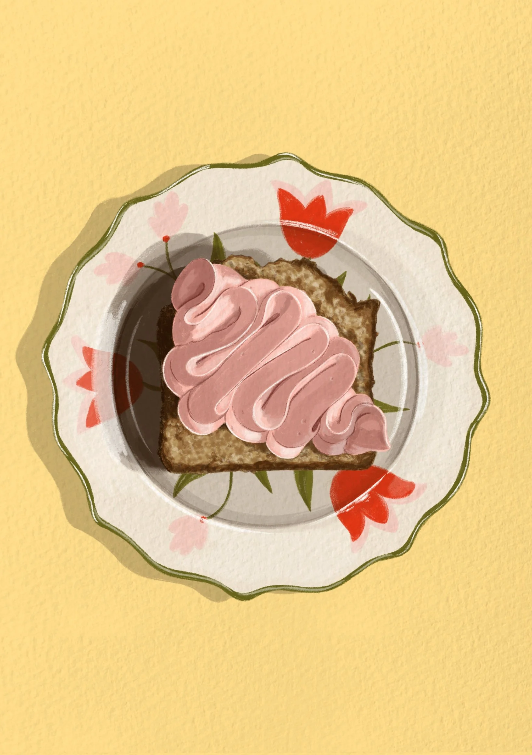 Illustration of a piped pink frosting on a slice of cake on a floral ceramic plate and light yellow background.