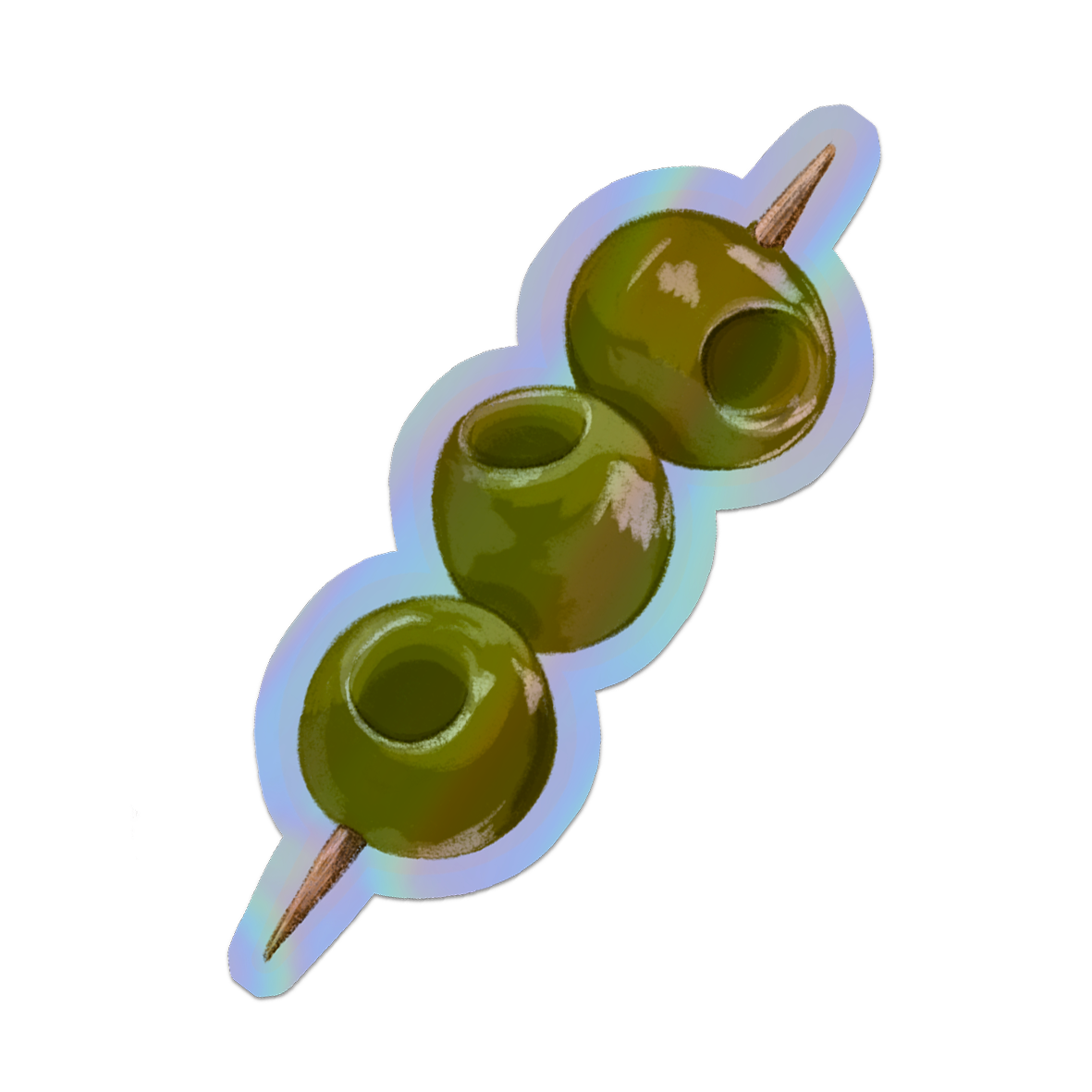 Illustrated Cocktail Olives Holographic die cut sticker.