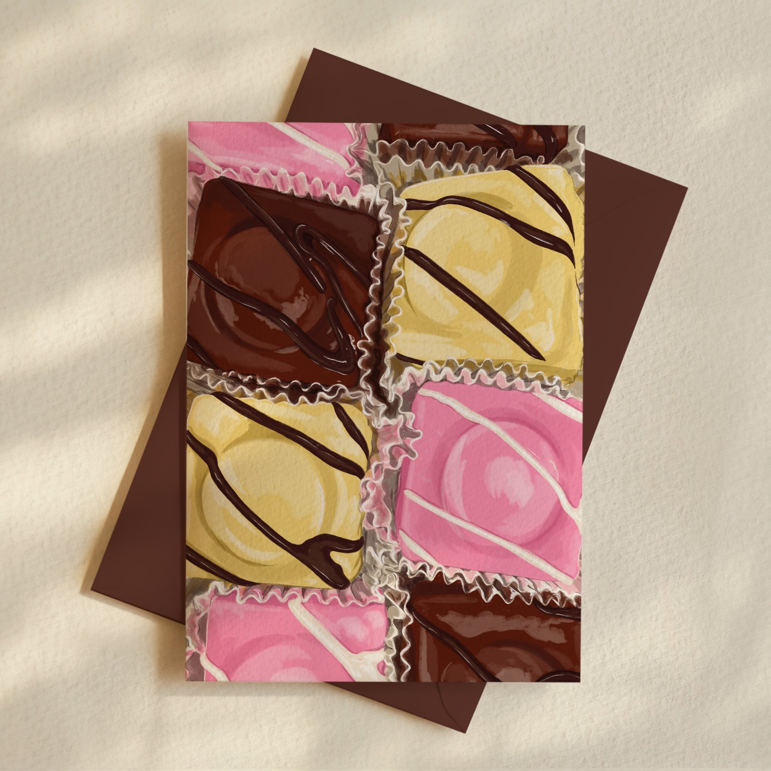 Close-up of colorful decorated cake slices with pink, yellow, and chocolate frosting, drizzled with chocolate.