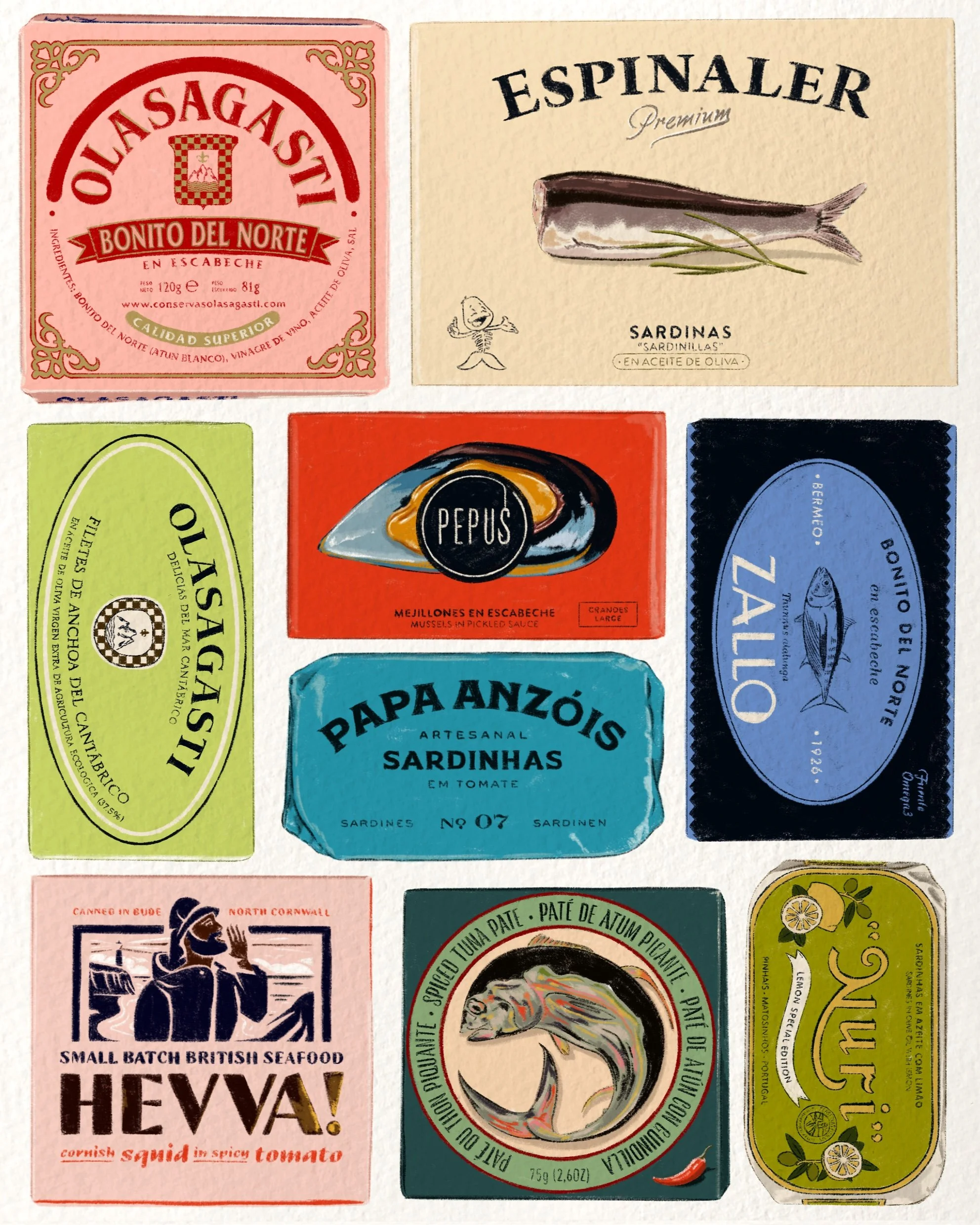 Colorful collage of vintage-style sardine can labels with illustrations of sardines, fish, and decorative elements.
