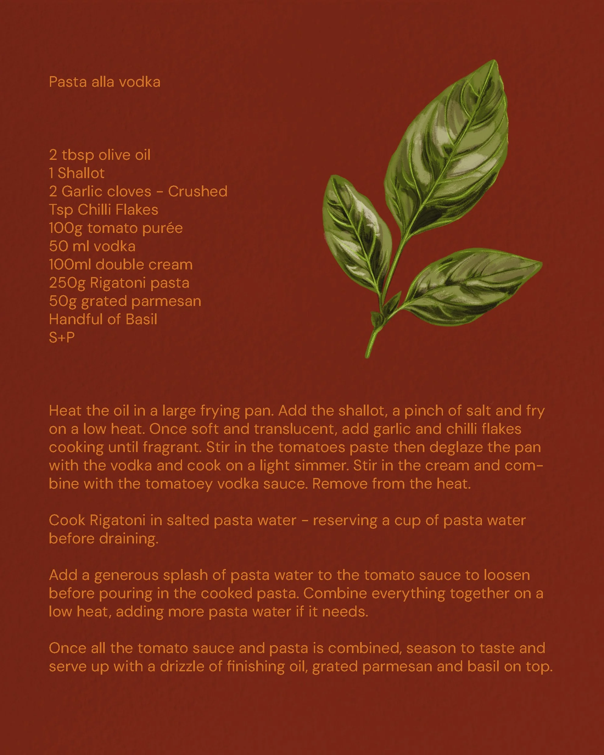 Recipe for pasta alla vodka that has a matching illustrated drawing on a burnt orange, red background.