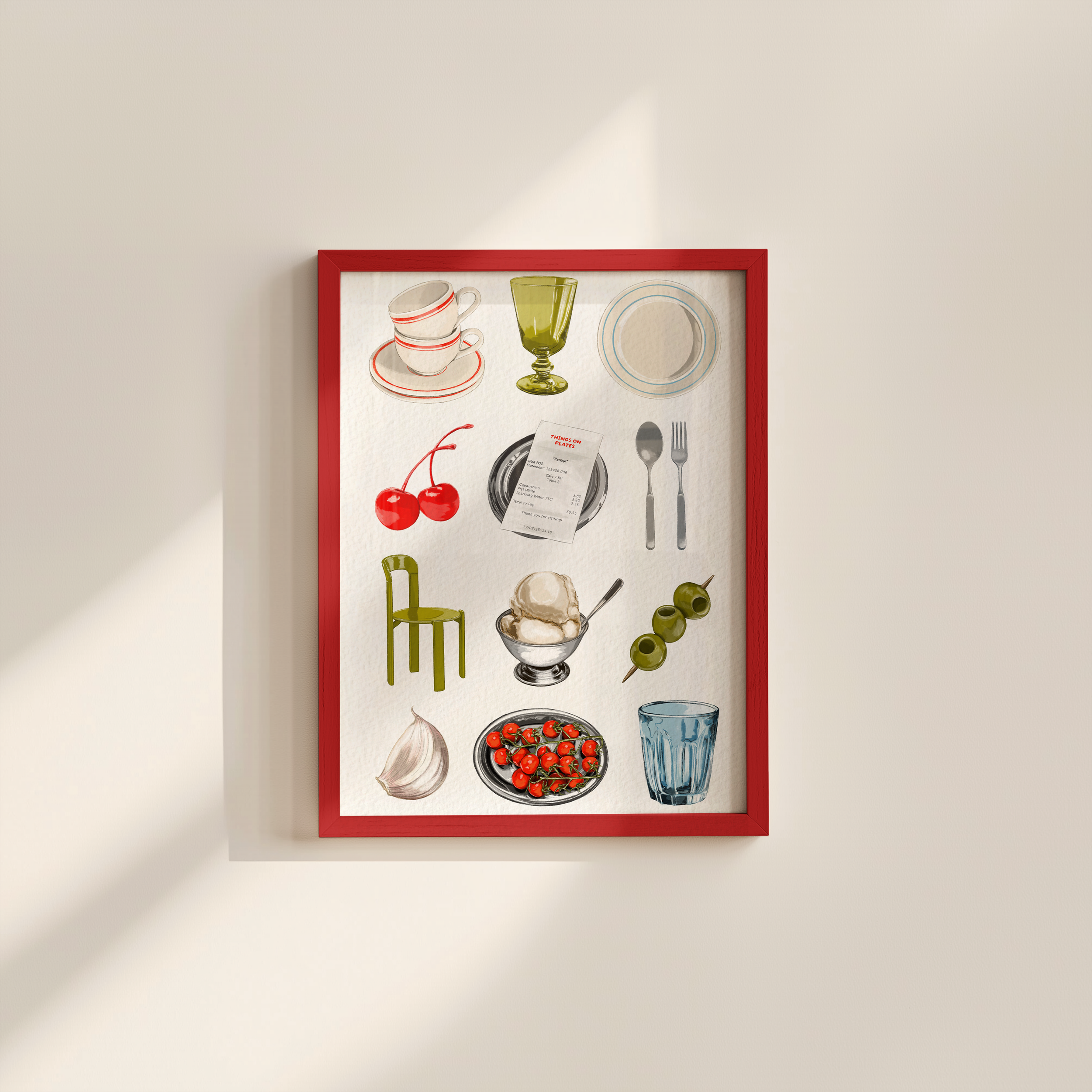 Part of a framed art print featuring illustrated dinnerware, including cups, plates, a wine glass, cherries, garlic, and a bowl of tomatoes, on a white background with a red border.