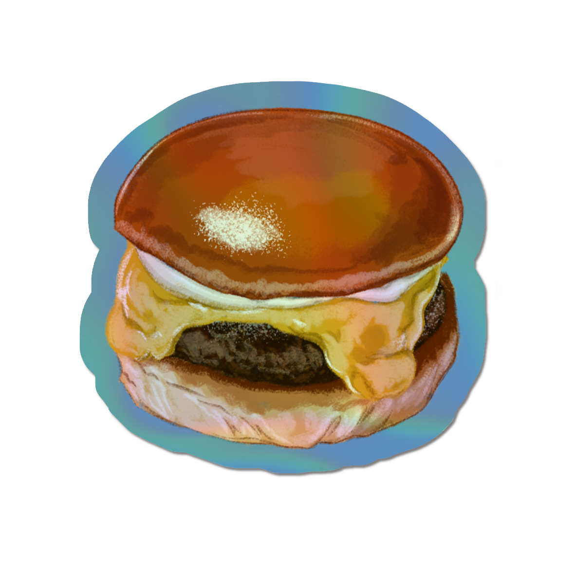Illustrated Cheese Burger Holographic die cut sticker.