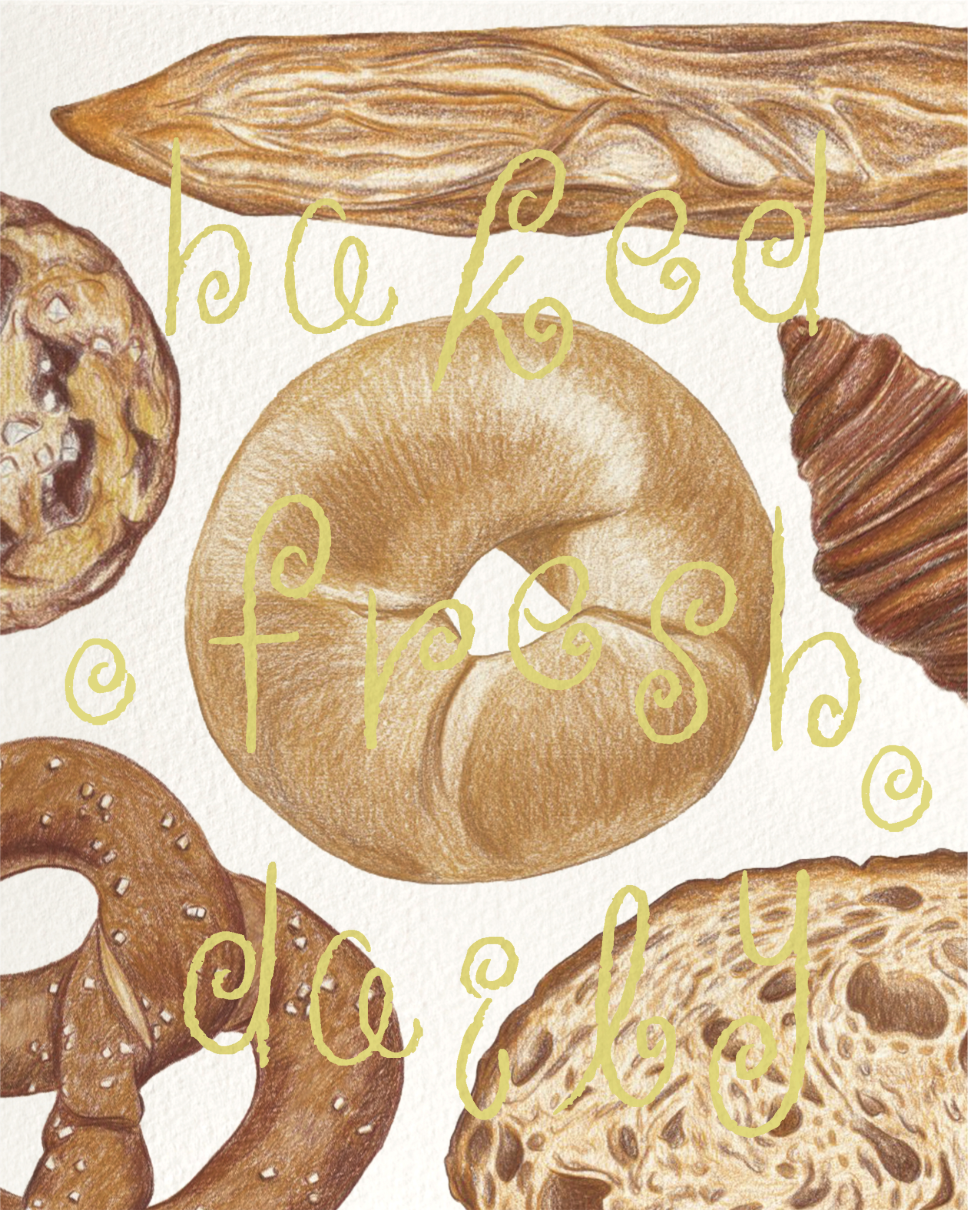 Close-up of watercolor illustrations of various baked goods such as bagels, croissants, and bread rolls with handwritten-style yellow text overlay reading "baked good".