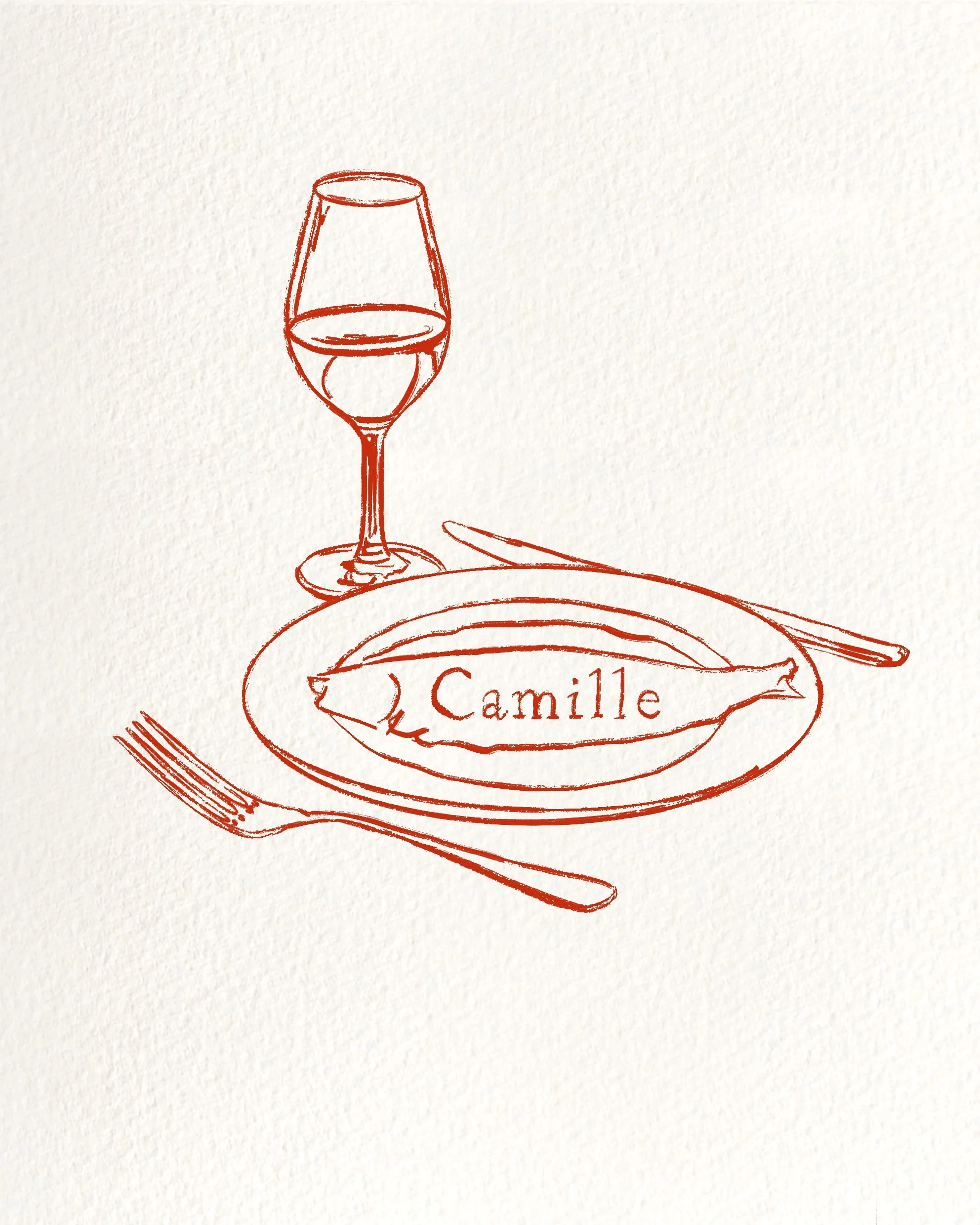 Illustration of a wine glass filled with wine, a plate with a fish meal labeled 'Camille', a fork, and a knife on a napkin.