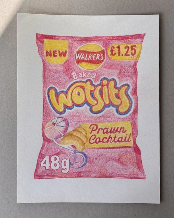 Colored drawing of a packet of Walkers baked Wotsits Prawn Cocktail flavored snack, with yellow and pink accents, showing a weight of 48 grams and a price of £1.25.