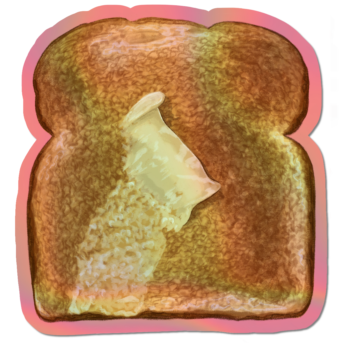 Illustrated slice of buttered toast Holographic die cut sticker.