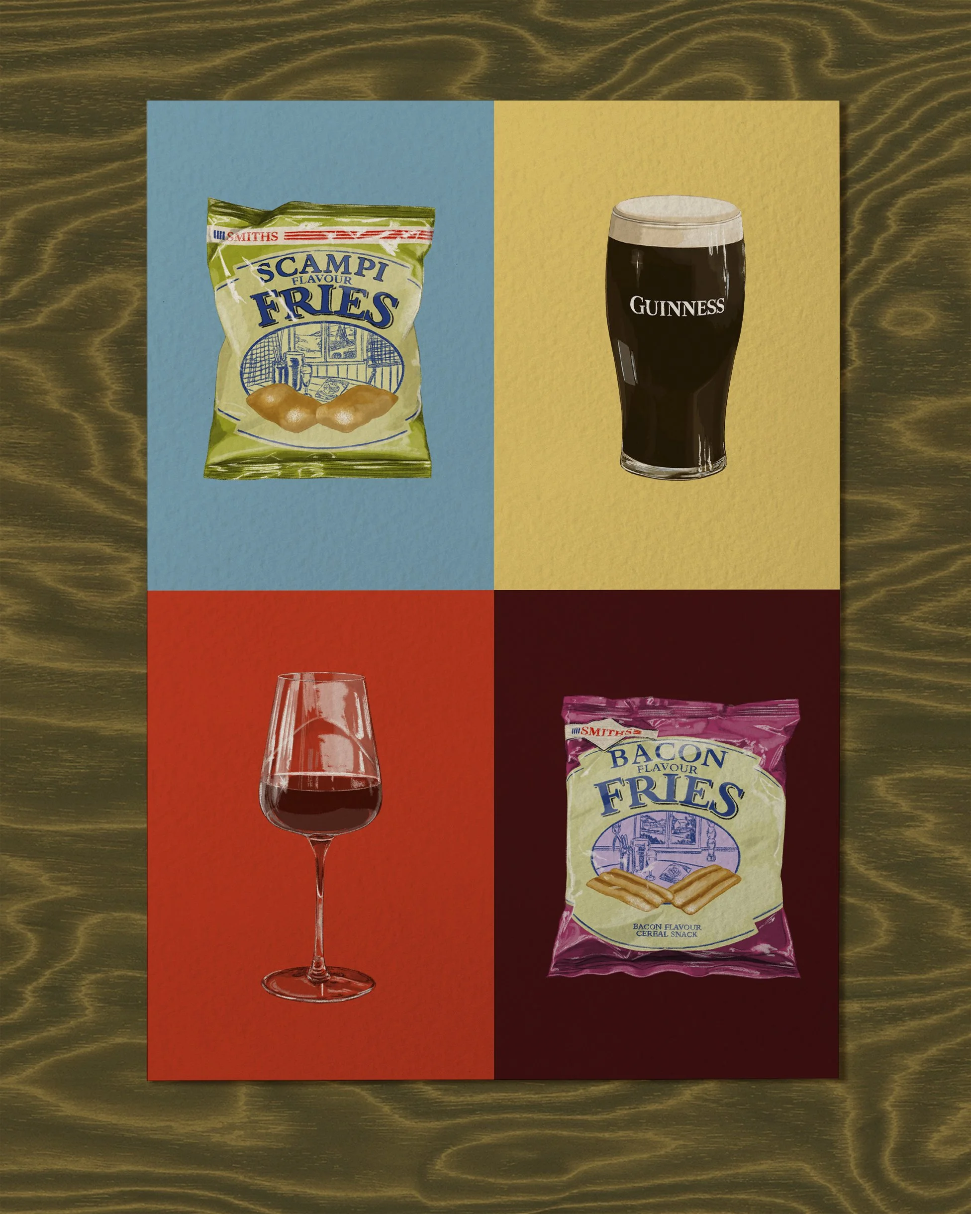 Illustrated Print of a packet of scampi fries, a pint of guinness, glass of red wine and a pack of bacon fries on 4 coloured backgrounds.