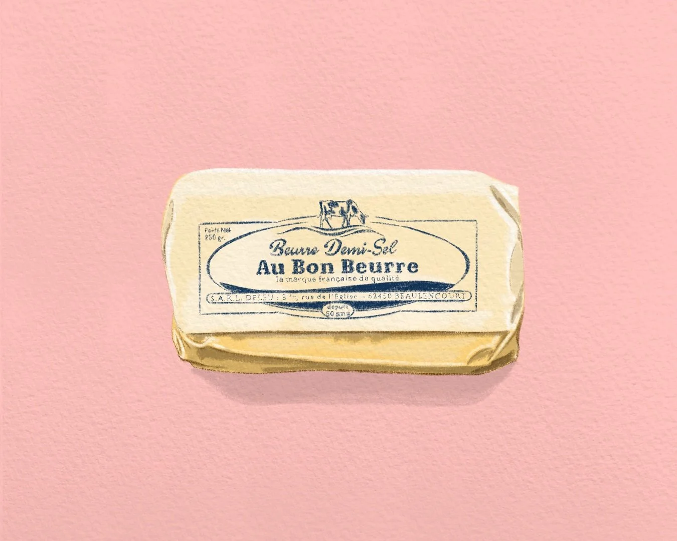Illustration of a stick of French butter wrapped in paper, labeled "Beurre Demi-Sel Au Bon Beurre," placed on a pink surface.
