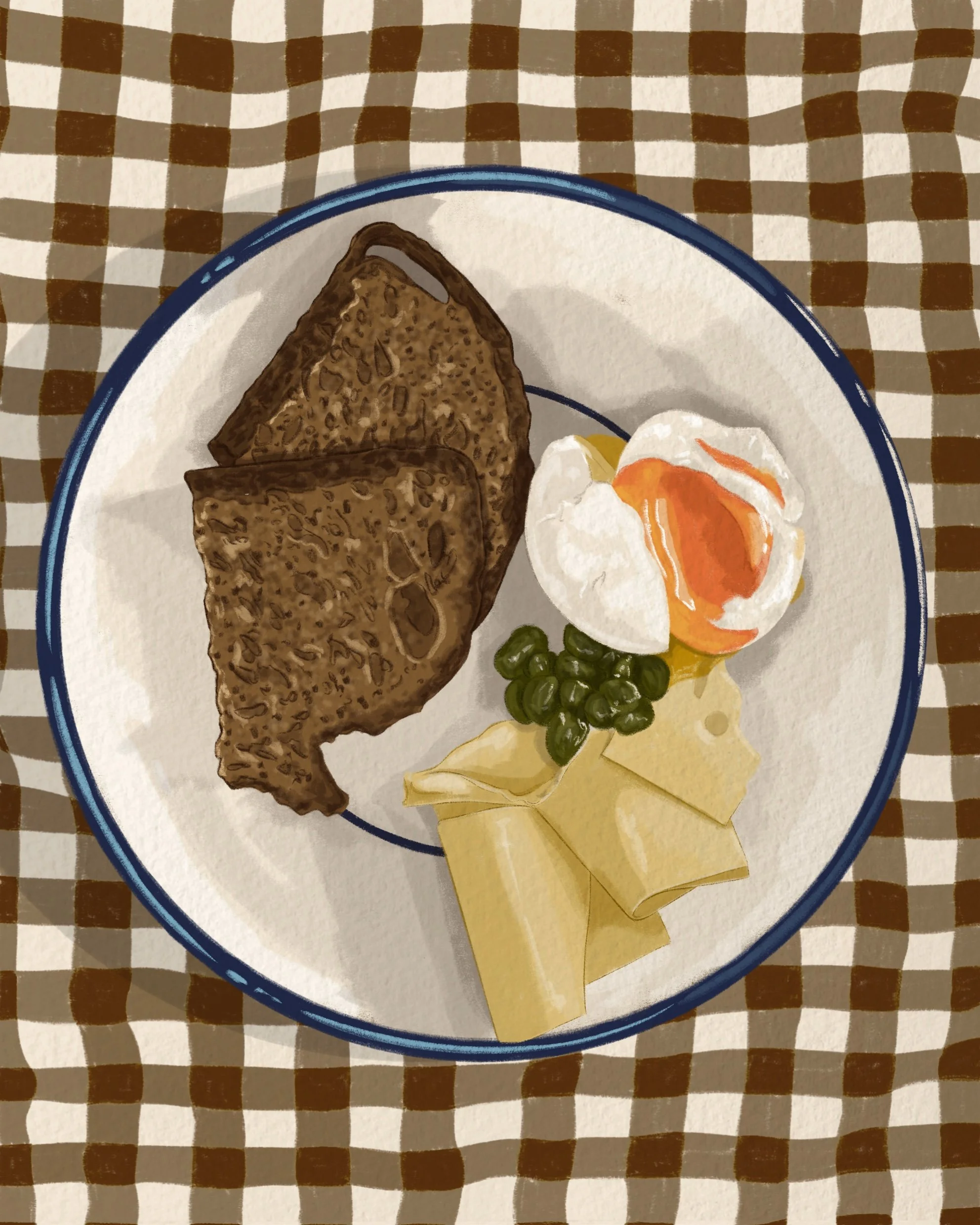 A plate of food with toast, a poached egg with orange sauce, slices of cheese, and green grapes on a checkered tablecloth.