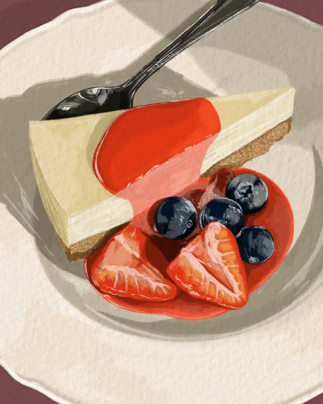 Slice of cheesecake topped with strawberries and blueberries on a plate with a fork.