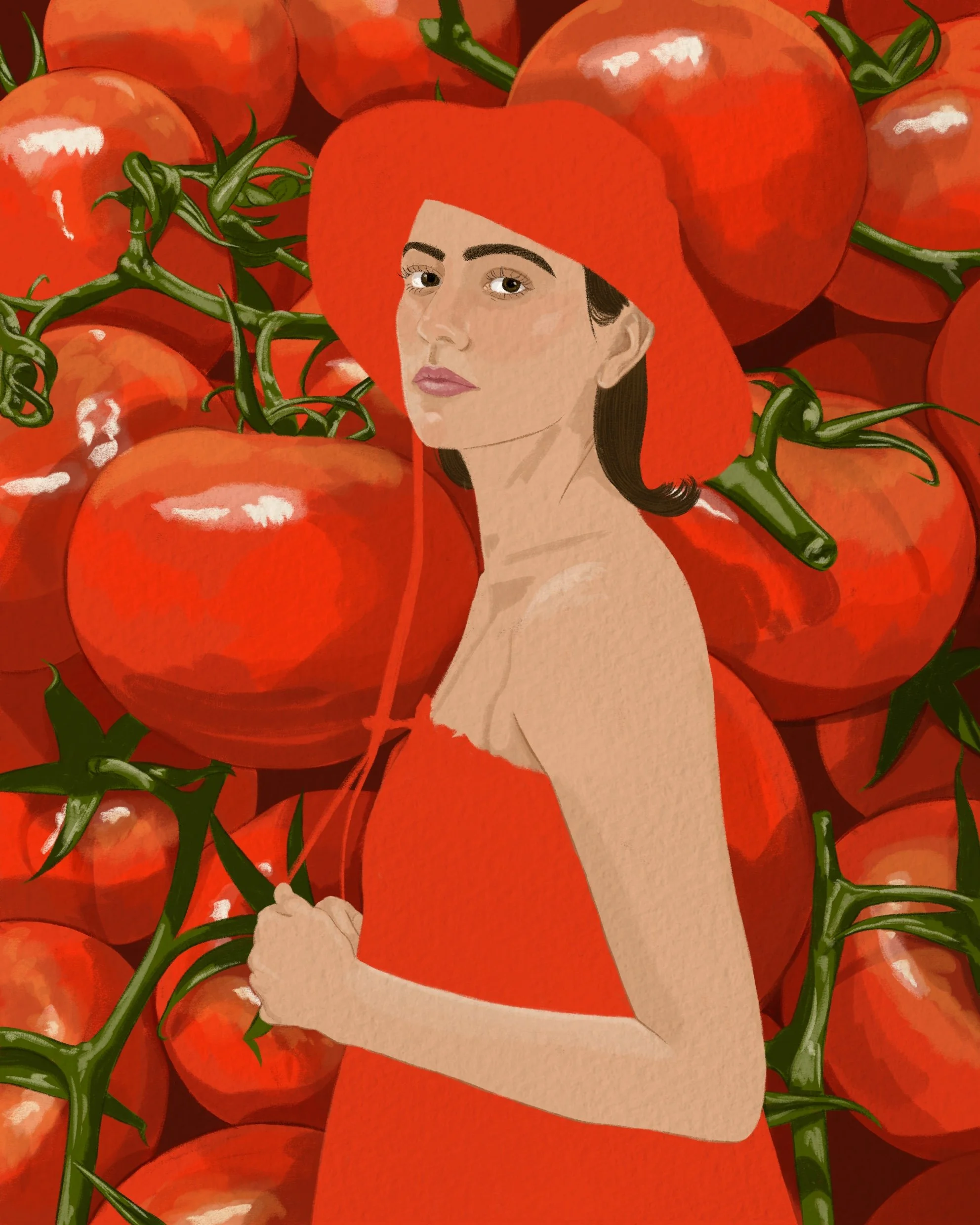 An illustrated woman wearing a damson madder red dress and red hat, surrounded by ripe red tomatoes with green stems.