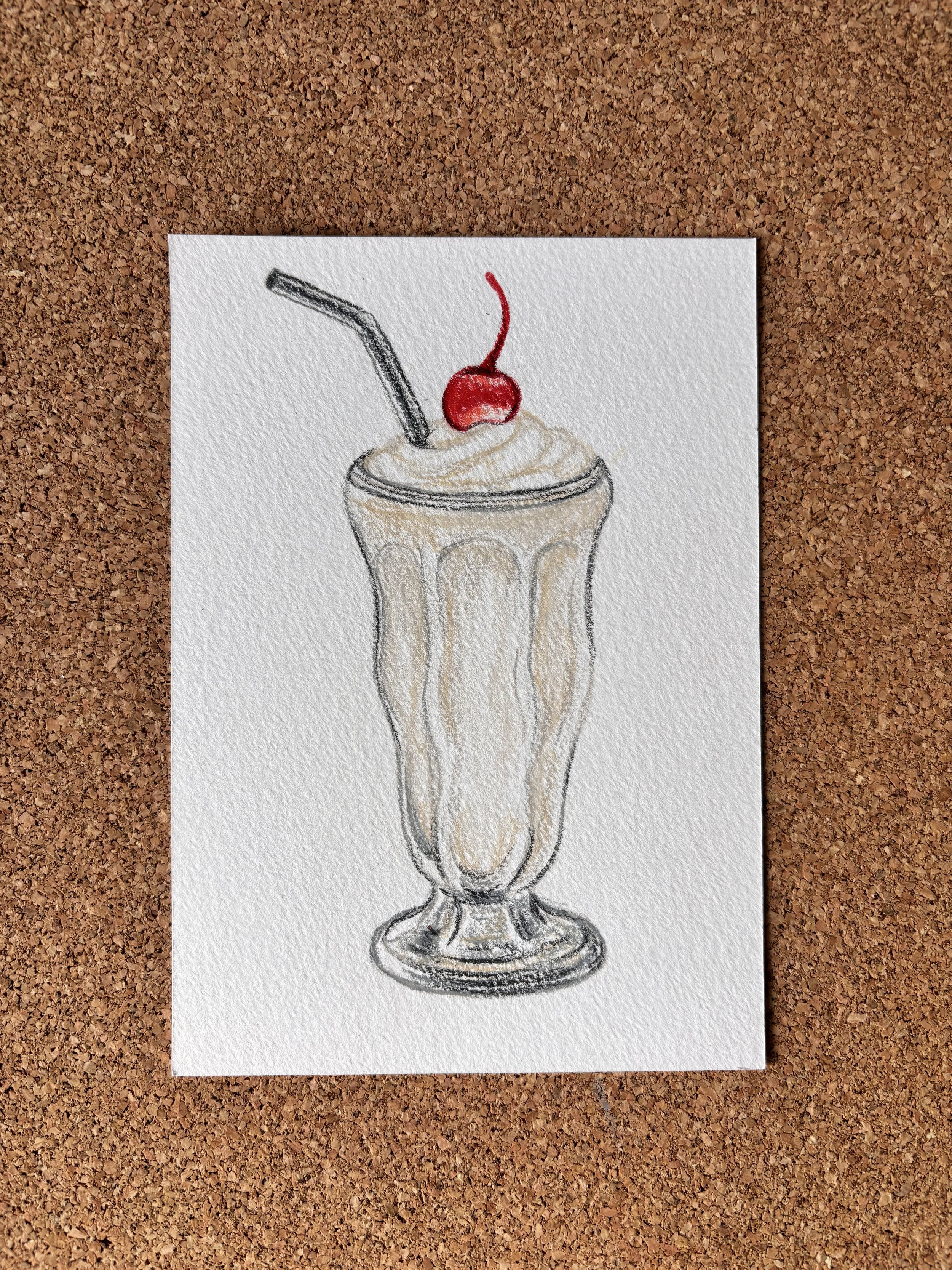 A sketch of an ice cream sundae in a tall glass with a cherry and a straw on top.