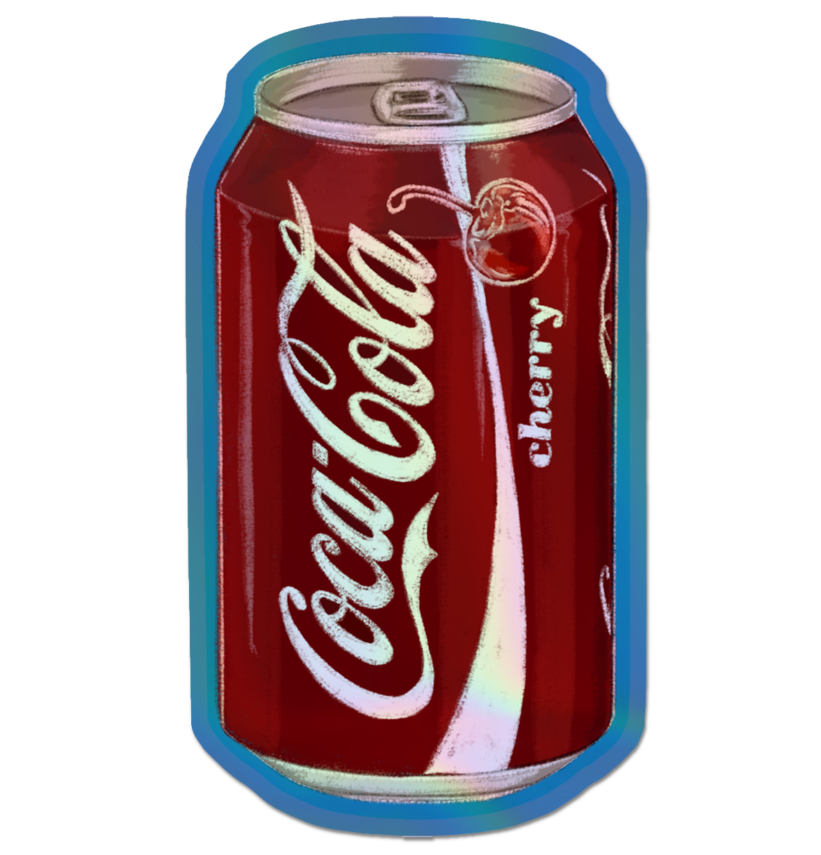 Illustrated Cherry Coke Holographic die cut sticker.