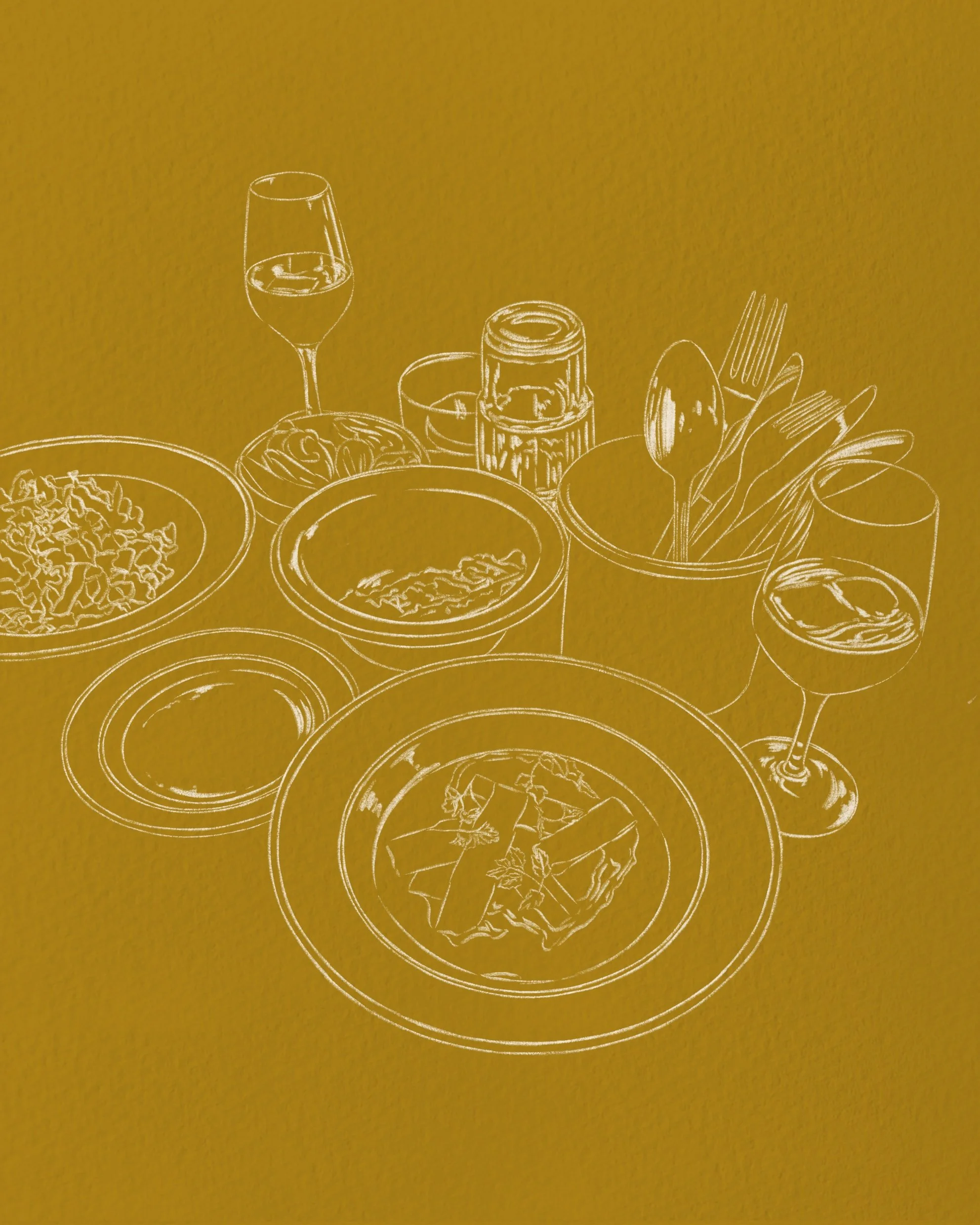 Line drawing of a dining table setting with bowls of food, a glass of wine, a cup, containers, cutlery including a fork, spoon, and knive, on a mustard yellow background.