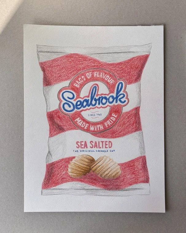 Colored pencil drawing of a bag of Sea Salted Sea Crack crackers, with the SeaBlok logo and red horizontal stripes on the packaging.